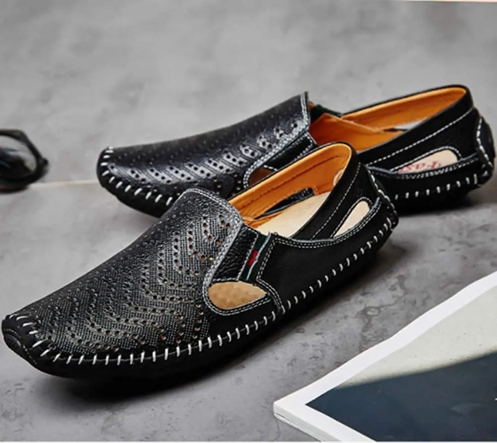 Asifn Mens Leather Driving Loafer Lightweight Slip-on Breathable Walking Boat Shoes Flat Slippers Outdoor Moccasin