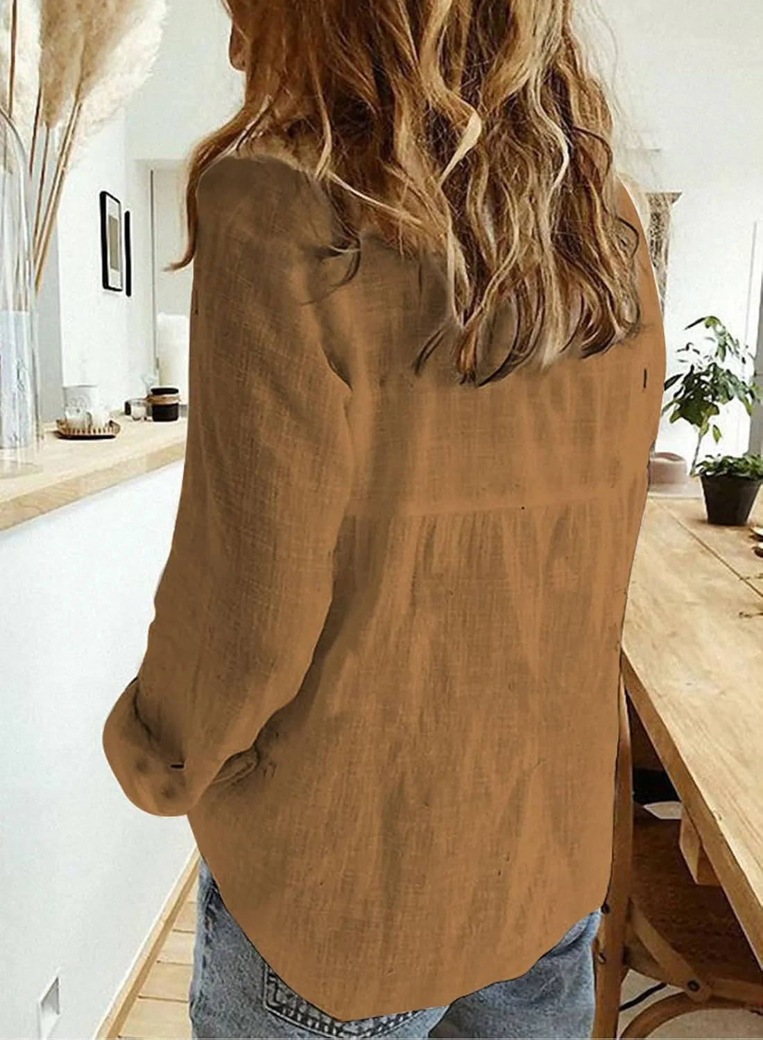 Astylish Womens V Neck Roll up Sleeve Button Down Blouses Tops