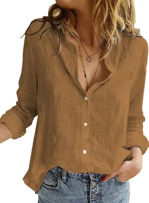 Astylish Womens V Neck Roll up Sleeve Button Down Blouses Tops