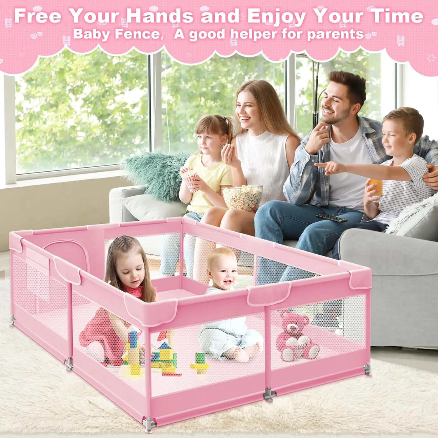 Baby Playpen 50 x 50 Inch Play Pen Playards, Playpen for Babies and Toddlers, Baby Playard for Indoor & Outdoor Active Center Game Fence, with Skin-Friendly Fabric and Soft Breathable Mesh Pink