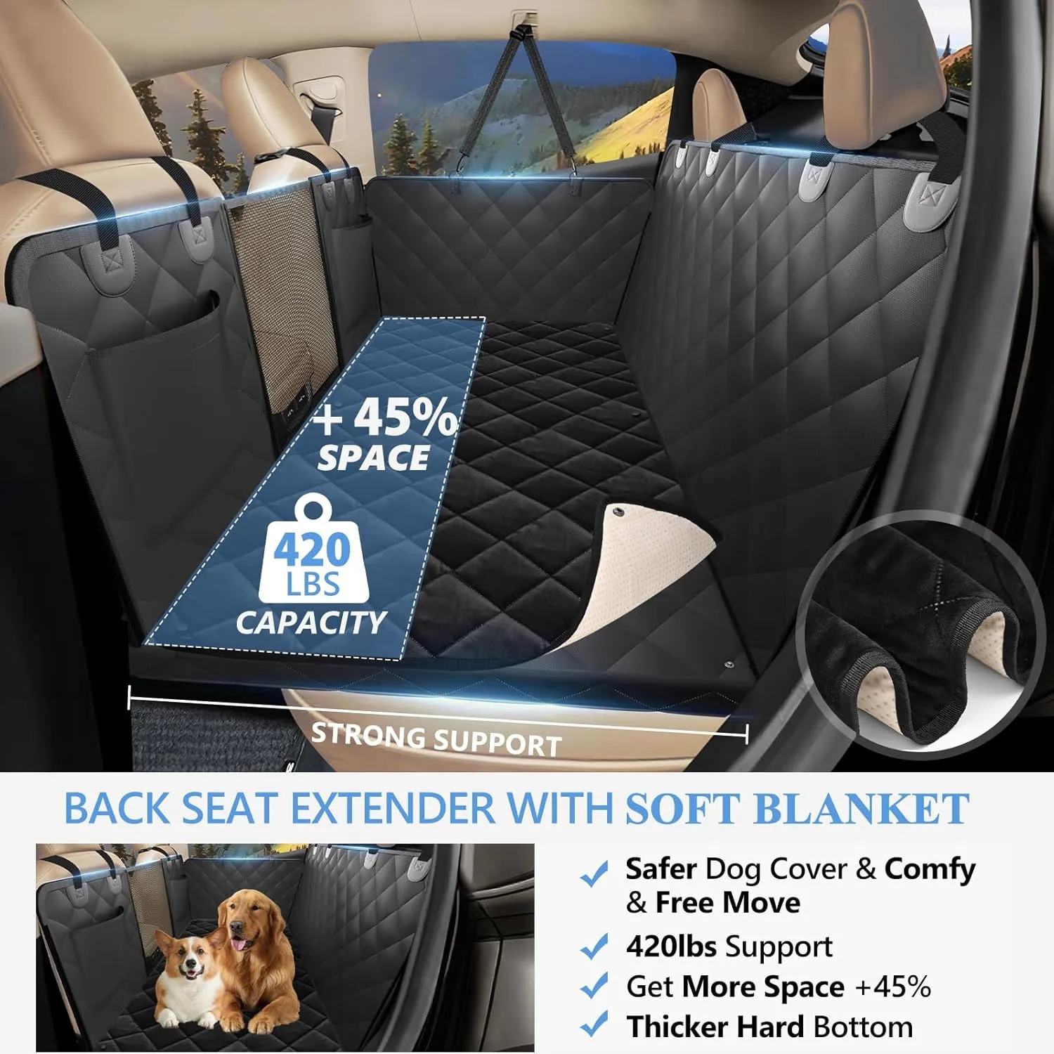 Back Seat Extender for Dogs with Soft Blanket, Dog Car Seat Cover for Back Seat Holds 420lbs, Hard Bottom Backseat Cover for Dogs, Waterproof Dog Hammock for Car, SUV, Truck Black