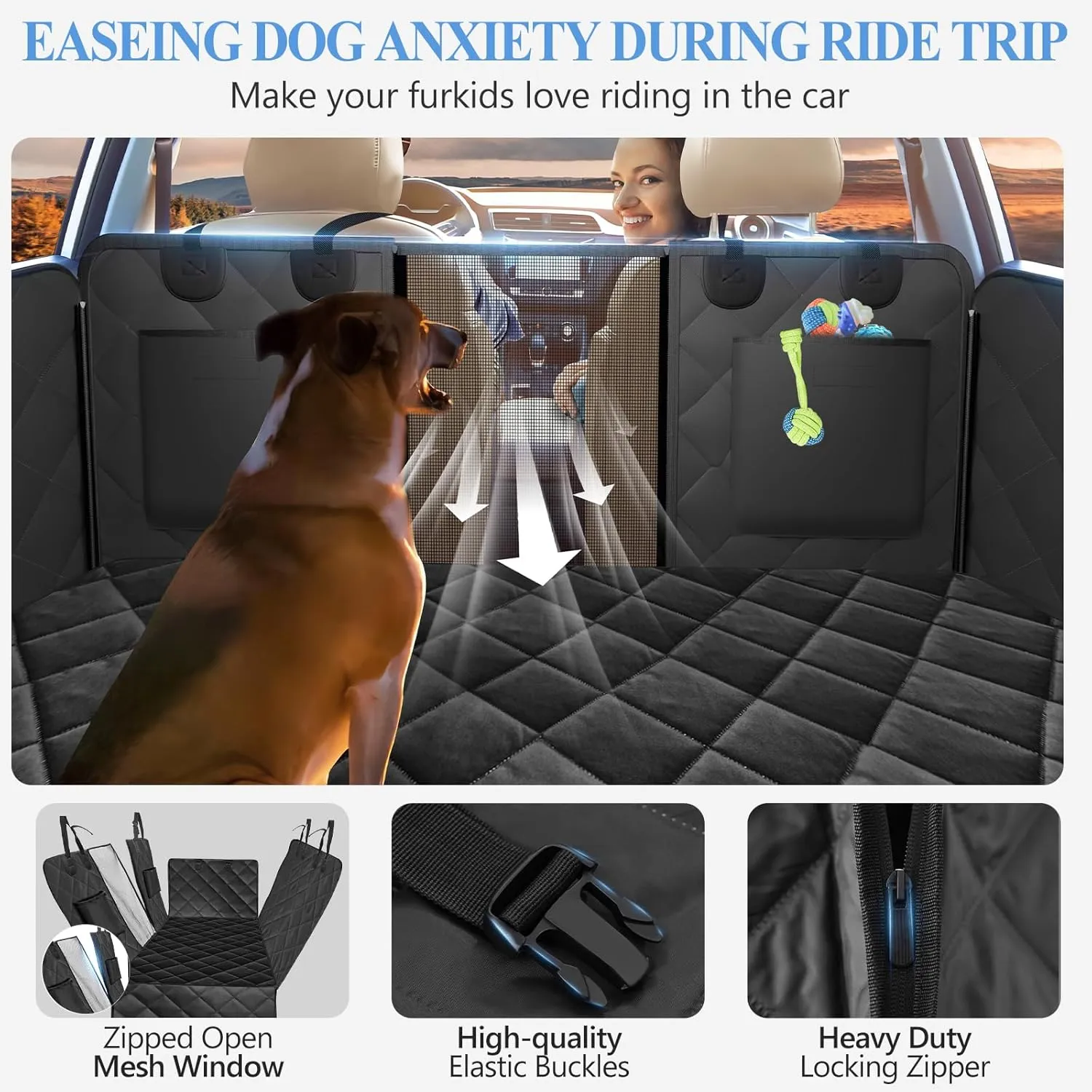 Back Seat Extender for Dogs with Soft Blanket, Dog Car Seat Cover for Back Seat Holds 420lbs, Hard Bottom Backseat Cover for Dogs, Waterproof Dog Hammock for Car, SUV, Truck Black