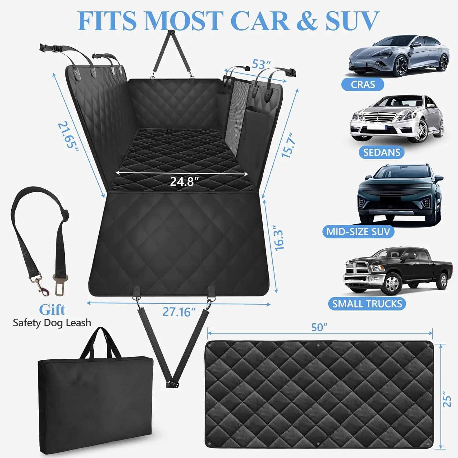 Back Seat Extender for Dogs with Soft Blanket, Dog Car Seat Cover for Back Seat Holds 420lbs, Hard Bottom Backseat Cover for Dogs, Waterproof Dog Hammock for Car, SUV, Truck Black