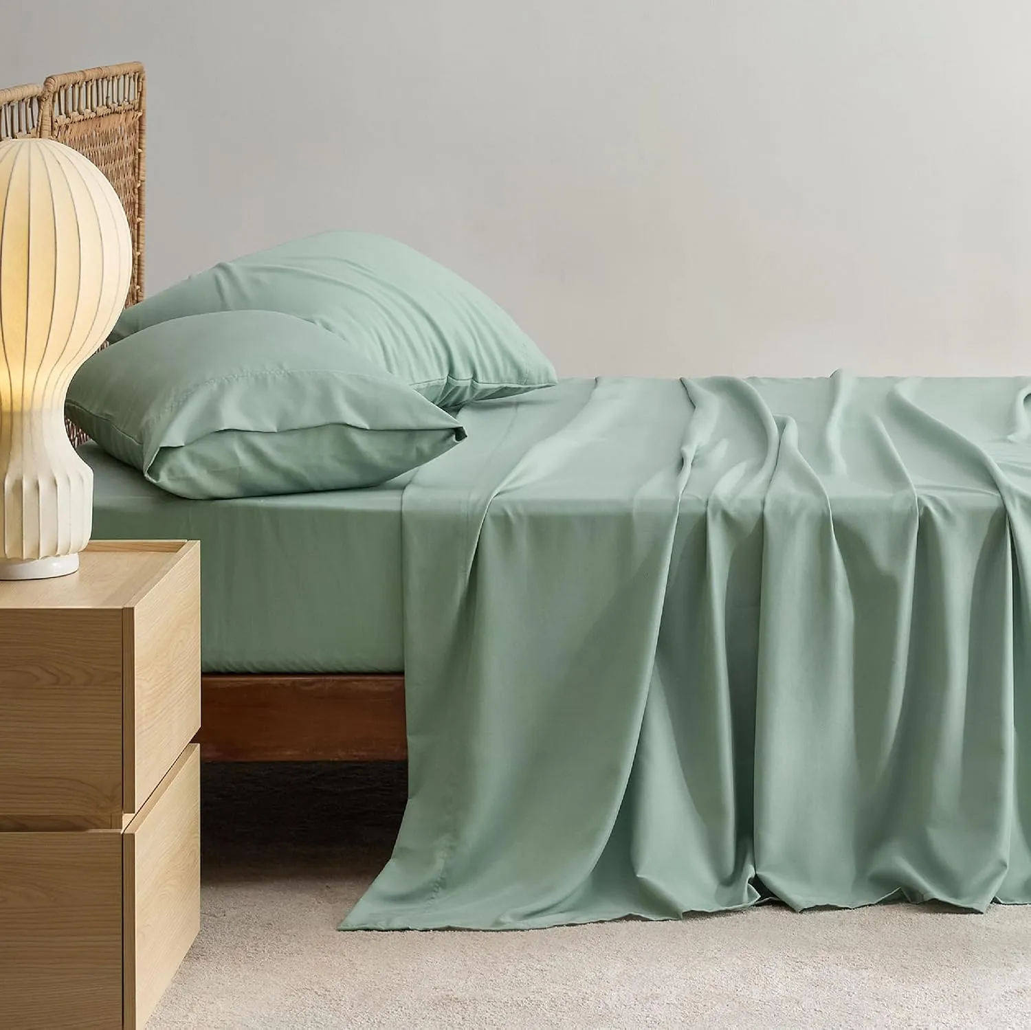 Bedsure Rayon Derived from Bamboo Cooling Sheets, Queen Sheet Set for Hot Sleepers, Hotel Luxury Deep Pocket Bedsheets Up to 16 Inches, Breathable Soft & Silky Bedding Set - Sage Green