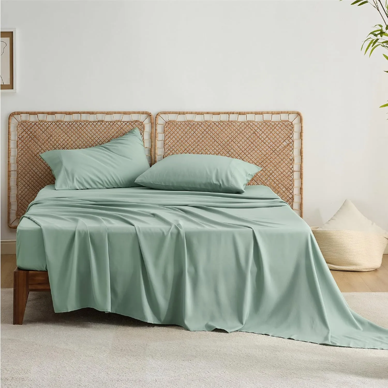 Bedsure Rayon Derived from Bamboo Cooling Sheets, Queen Sheet Set for Hot Sleepers, Hotel Luxury Deep Pocket Bedsheets Up to 16 Inches, Breathable Soft & Silky Bedding Set - Sage Green