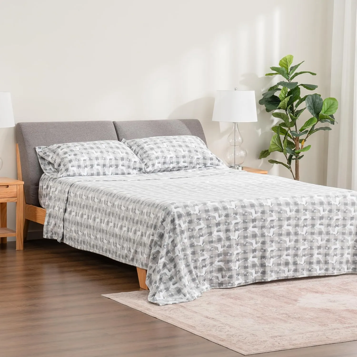 Berkshire Blanket Ultra-Soft Printed Microfleece Knit Sheet Set – 4-Piece King Set – Lightweight, Breathable, All-Season Comfort, Folk Buffalo Check Reindeer Grey
