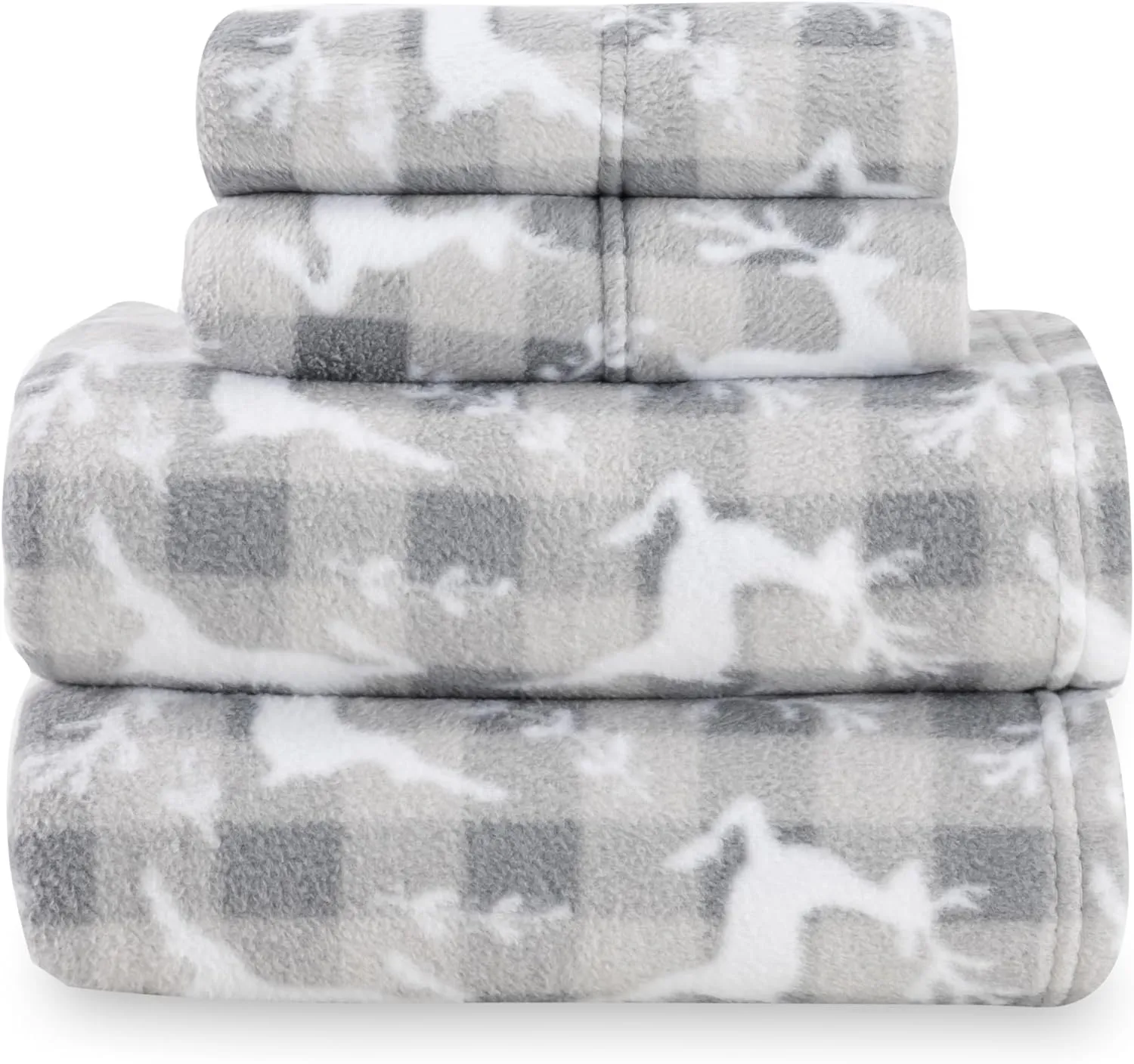 Berkshire Blanket Ultra-Soft Printed Microfleece Knit Sheet Set – 4-Piece King Set – Lightweight, Breathable, All-Season Comfort, Folk Buffalo Check Reindeer Grey