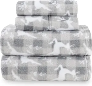Berkshire Blanket Ultra-Soft Printed Microfleece Knit Sheet Set – 4-Piece King Set – Lightweight, Breathable, All-Season Comfort, Folk Buffalo Check Reindeer Grey