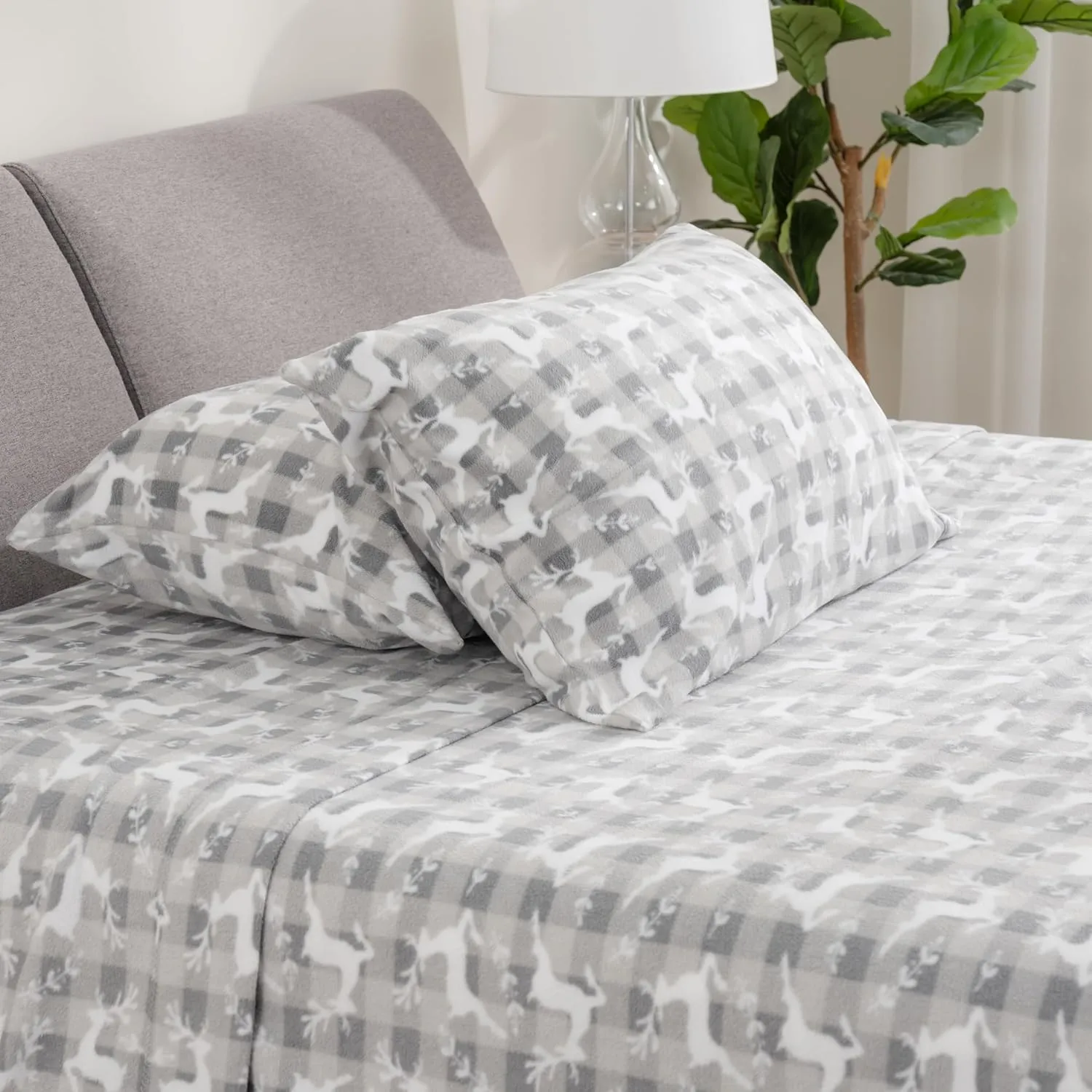 Berkshire Blanket Ultra-Soft Printed Microfleece Knit Sheet Set – 4-Piece King Set – Lightweight, Breathable, All-Season Comfort, Folk Buffalo Check Reindeer Grey