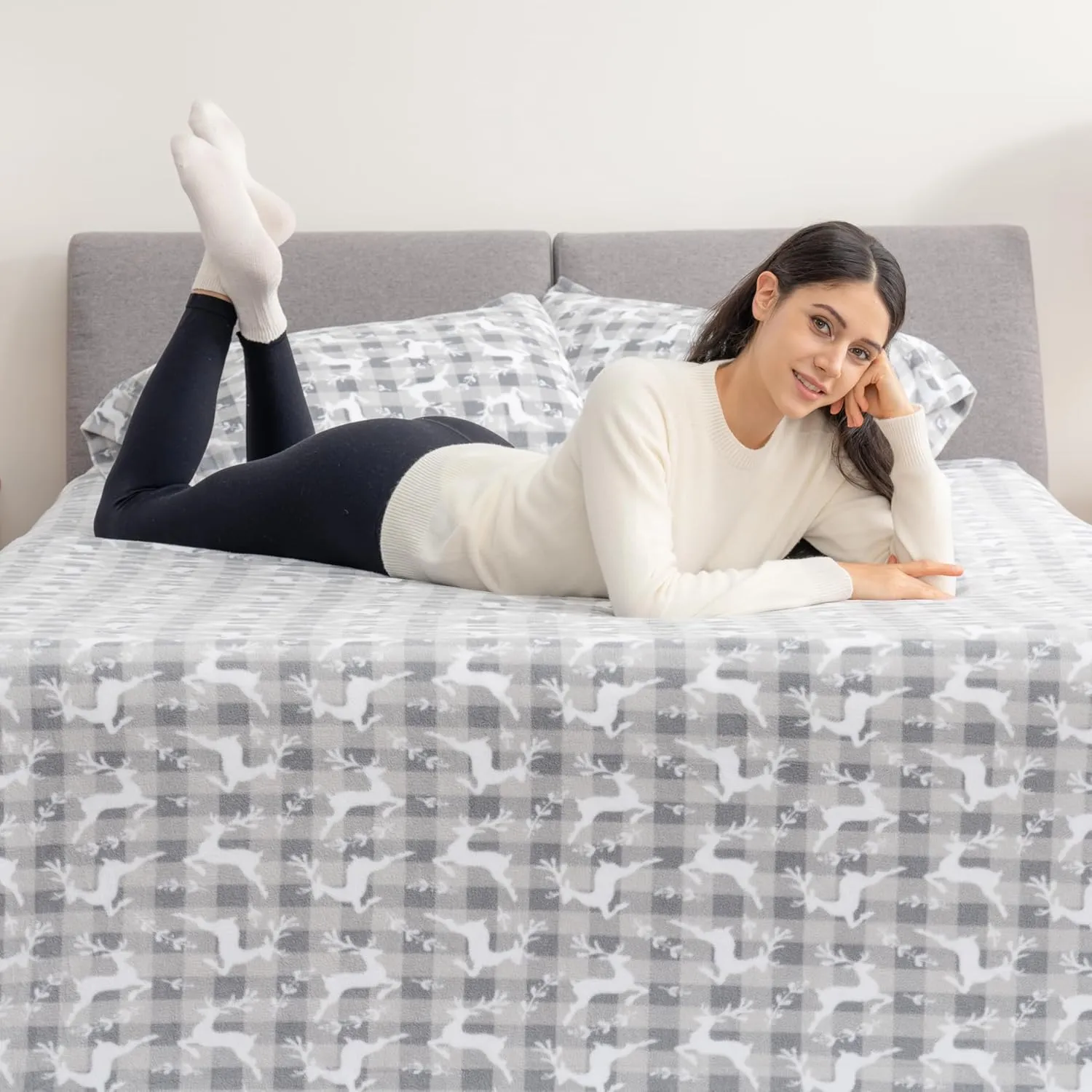 Berkshire Blanket Ultra-Soft Printed Microfleece Knit Sheet Set – 4-Piece King Set – Lightweight, Breathable, All-Season Comfort, Folk Buffalo Check Reindeer Grey