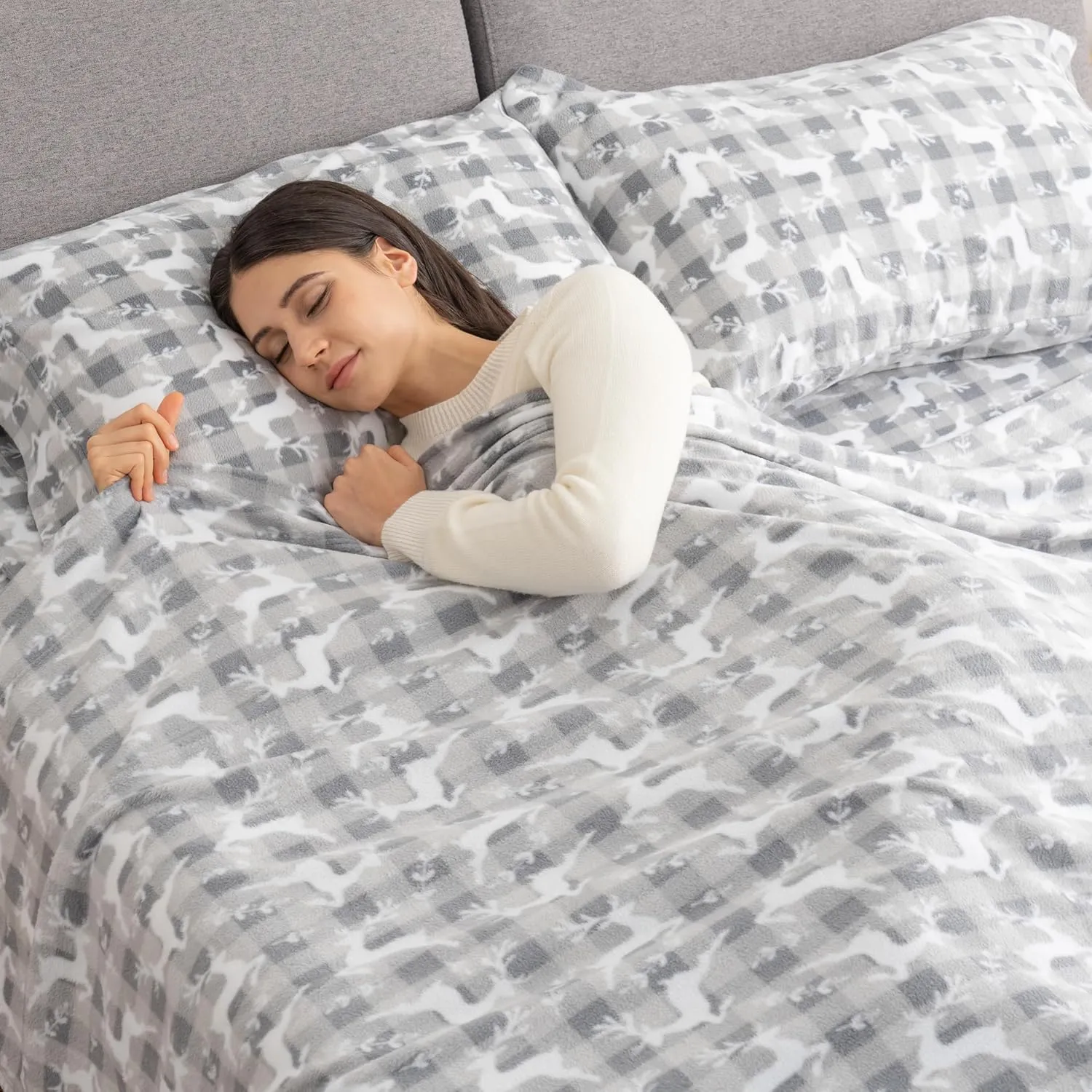 Berkshire Blanket Ultra-Soft Printed Microfleece Knit Sheet Set – 4-Piece King Set – Lightweight, Breathable, All-Season Comfort, Folk Buffalo Check Reindeer Grey