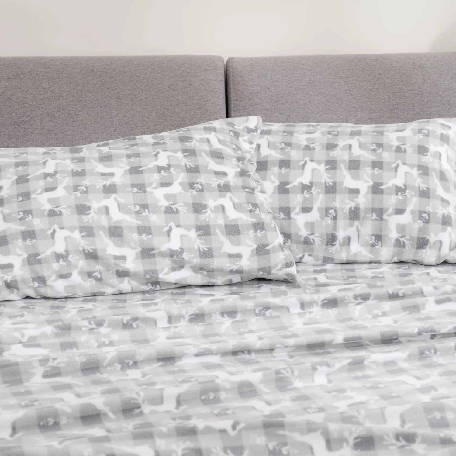 Berkshire Blanket Ultra-Soft Printed Microfleece Knit Sheet Set – 4-Piece King Set – Lightweight, Breathable, All-Season Comfort, Folk Buffalo Check Reindeer Grey
