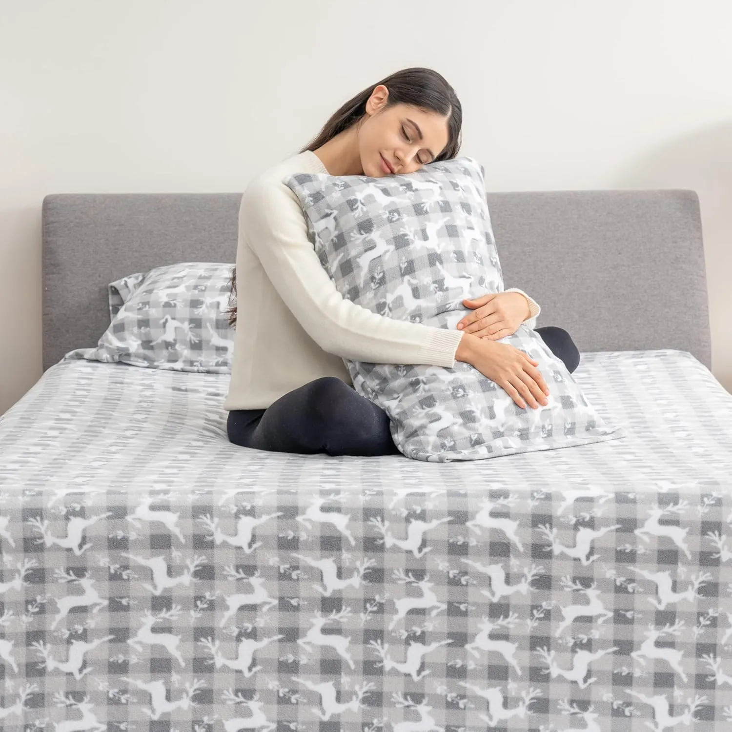 Berkshire Blanket Ultra-Soft Printed Microfleece Knit Sheet Set – 4-Piece King Set – Lightweight, Breathable, All-Season Comfort, Folk Buffalo Check Reindeer Grey