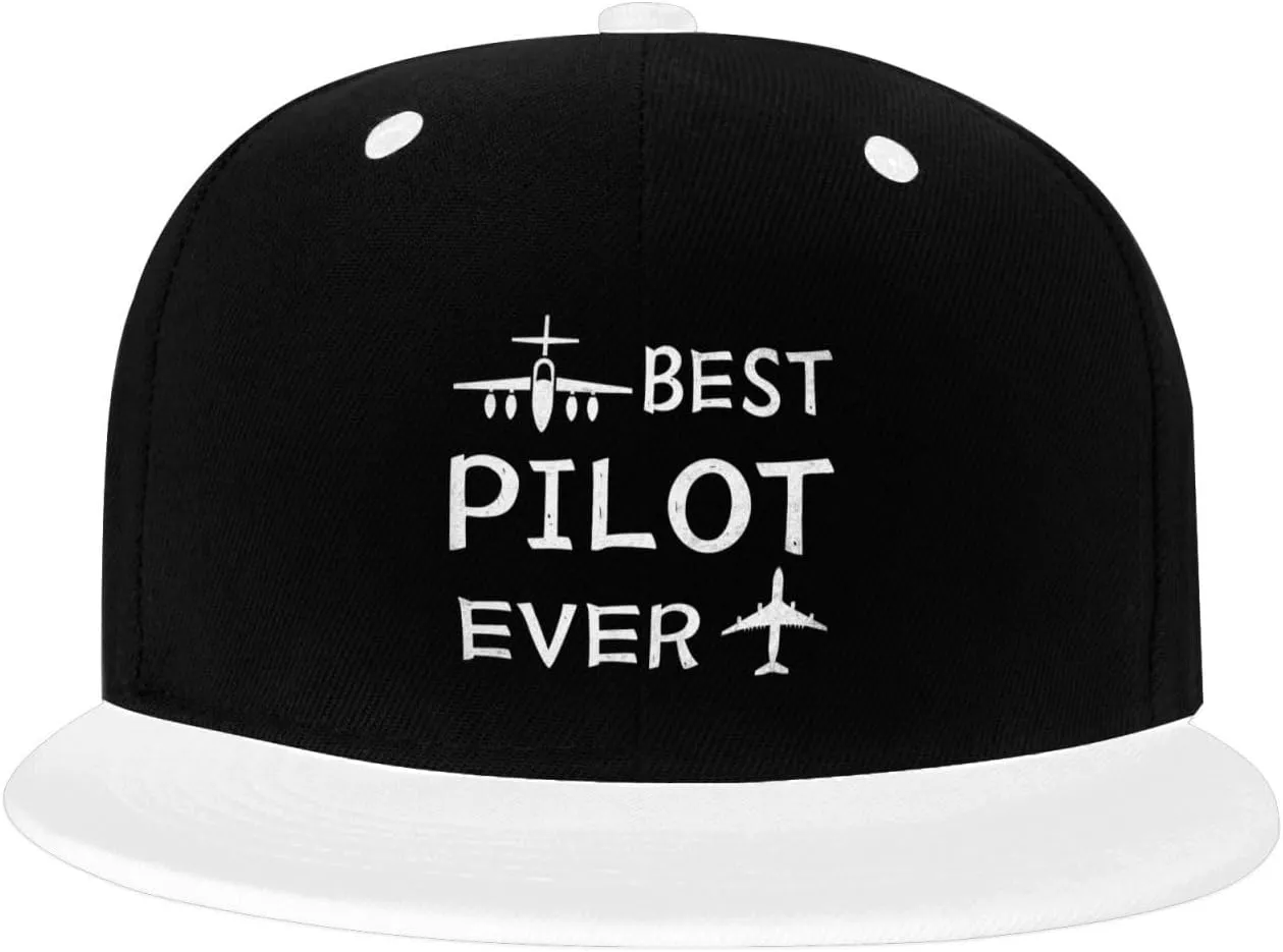 Best Pilot Ever Color-Block Flat Brim Snapback Cap for Men & Women, Adjustable Hip-Hop Hat White