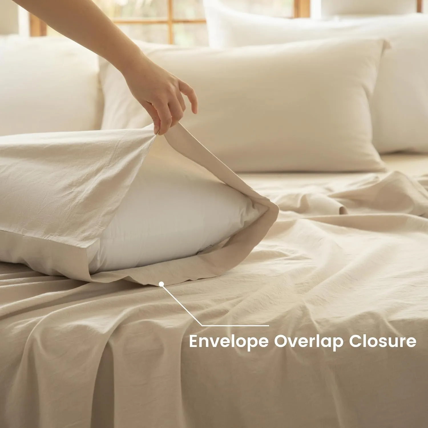 BISELINA 100% Washed Cotton Sheet Set Queen Size 4 Pieces Soft Breathable Durable Chic Bedding Set for All Season - Sandy Beige, Queen
