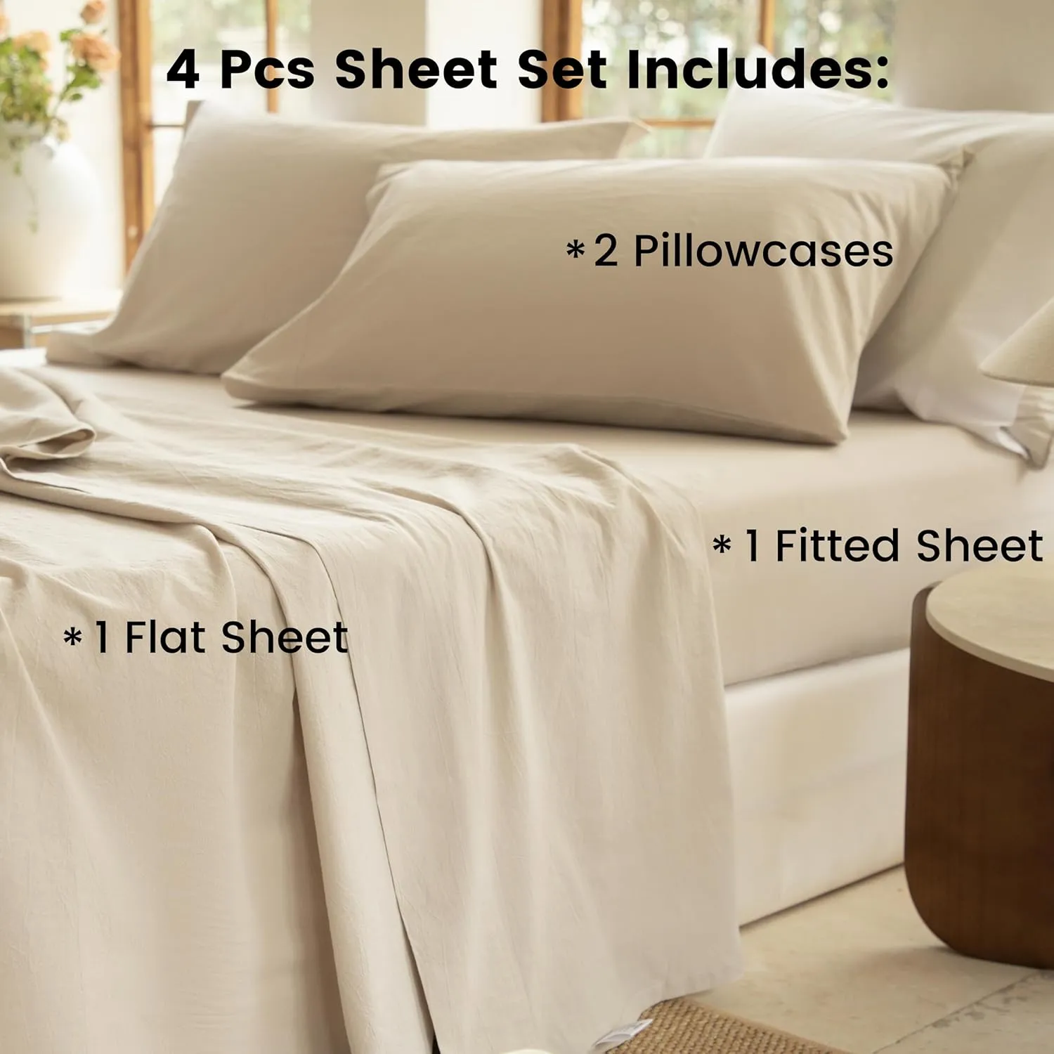 BISELINA 100% Washed Cotton Sheet Set Queen Size 4 Pieces Soft Breathable Durable Chic Bedding Set for All Season - Sandy Beige, Queen