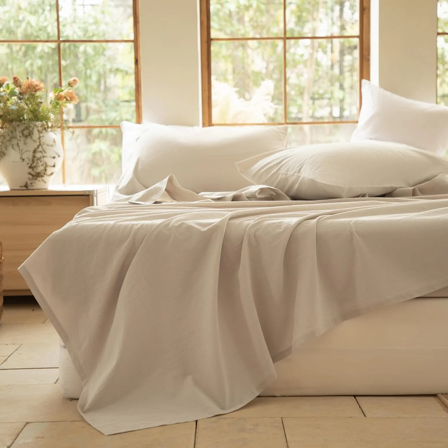BISELINA 100% Washed Cotton Sheet Set Queen Size 4 Pieces Soft Breathable Durable Chic Bedding Set for All Season - Sandy Beige, Queen
