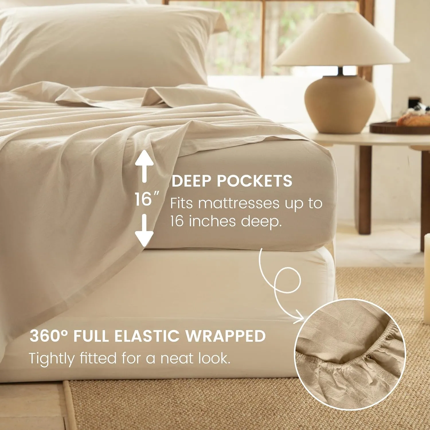 BISELINA 100% Washed Cotton Sheet Set Queen Size 4 Pieces Soft Breathable Durable Chic Bedding Set for All Season - Sandy Beige, Queen