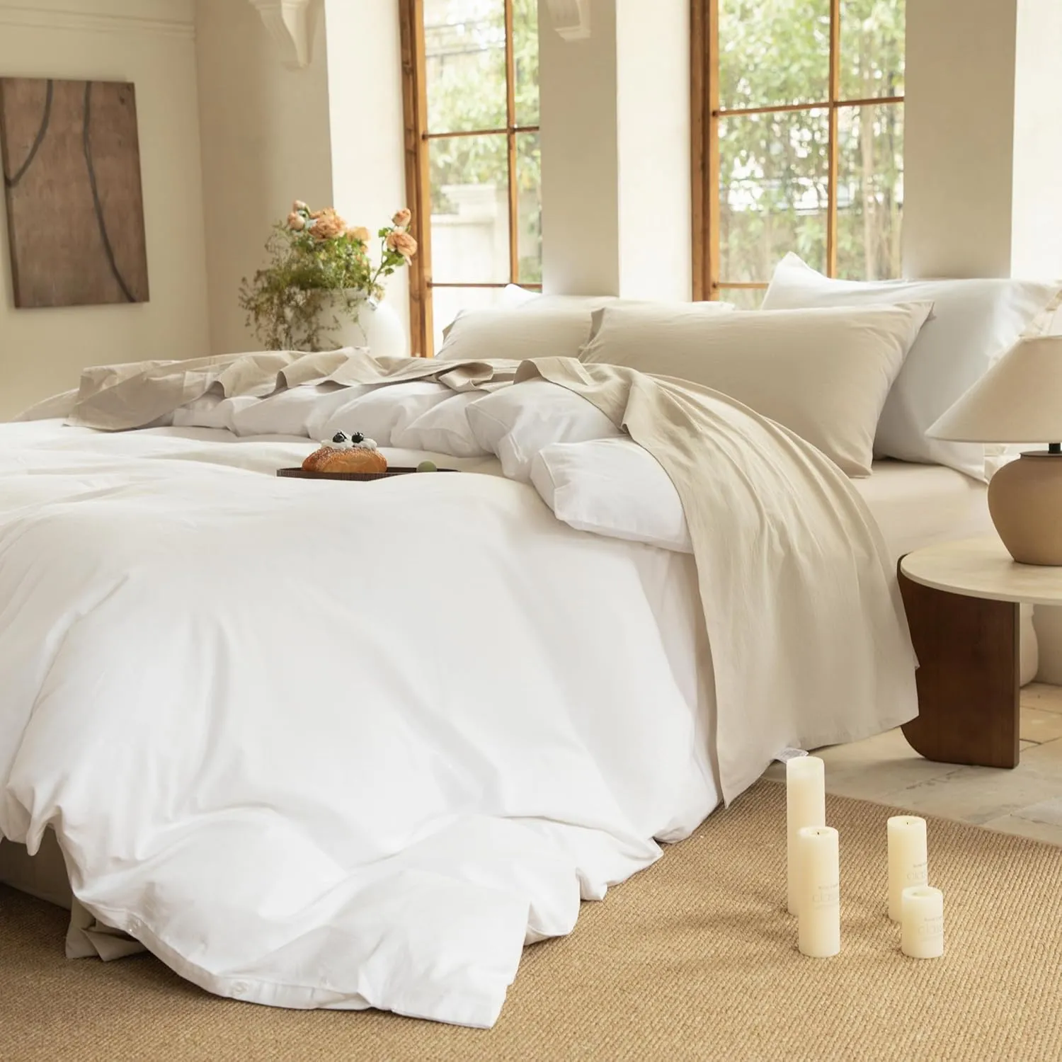BISELINA 100% Washed Cotton Sheet Set Queen Size 4 Pieces Soft Breathable Durable Chic Bedding Set for All Season - Sandy Beige, Queen