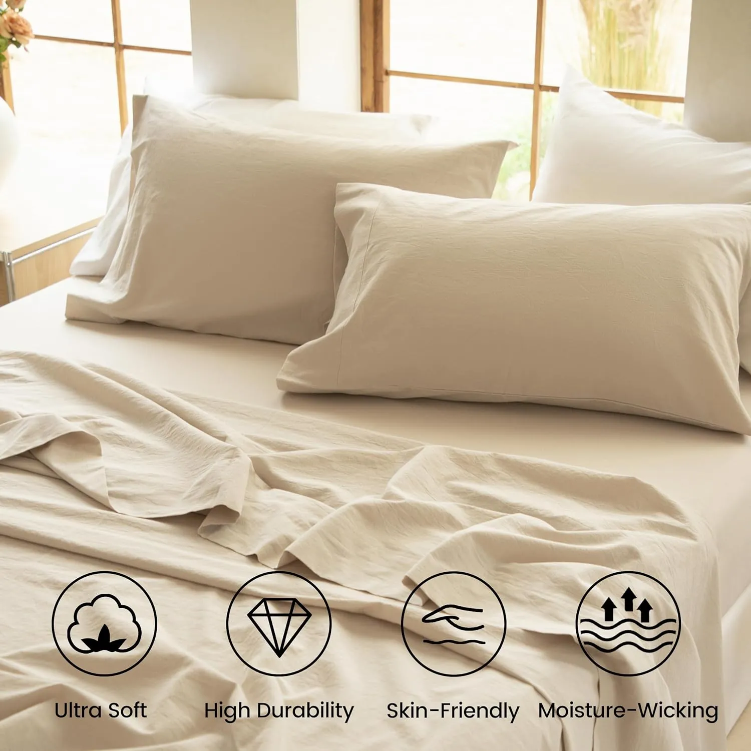BISELINA 100% Washed Cotton Sheet Set Queen Size 4 Pieces Soft Breathable Durable Chic Bedding Set for All Season - Sandy Beige, Queen