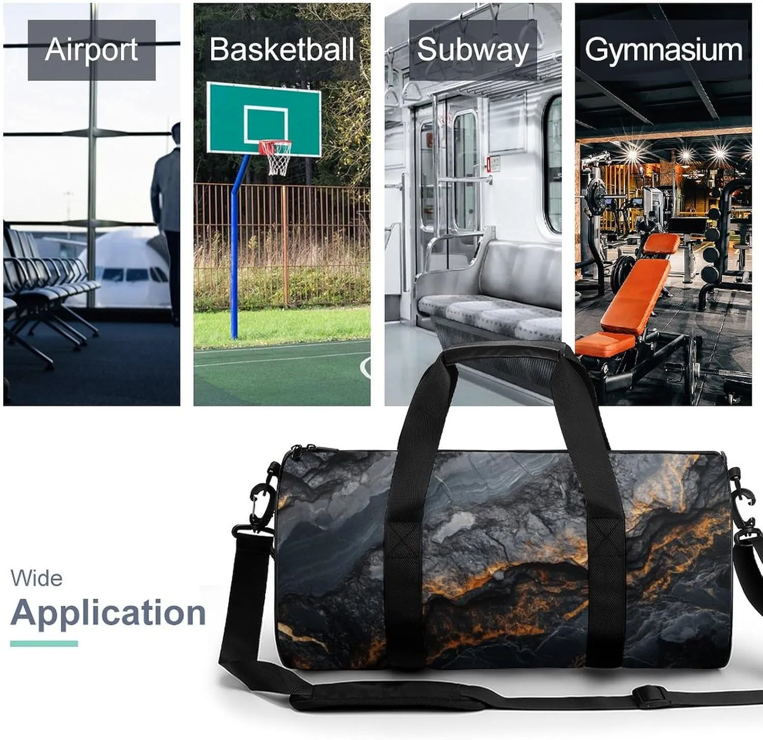 Black Marble Texture Travel Gym Bag for Women Men Cylindrical Duffle Bag Sport Workout Bag with Shoulder Strap