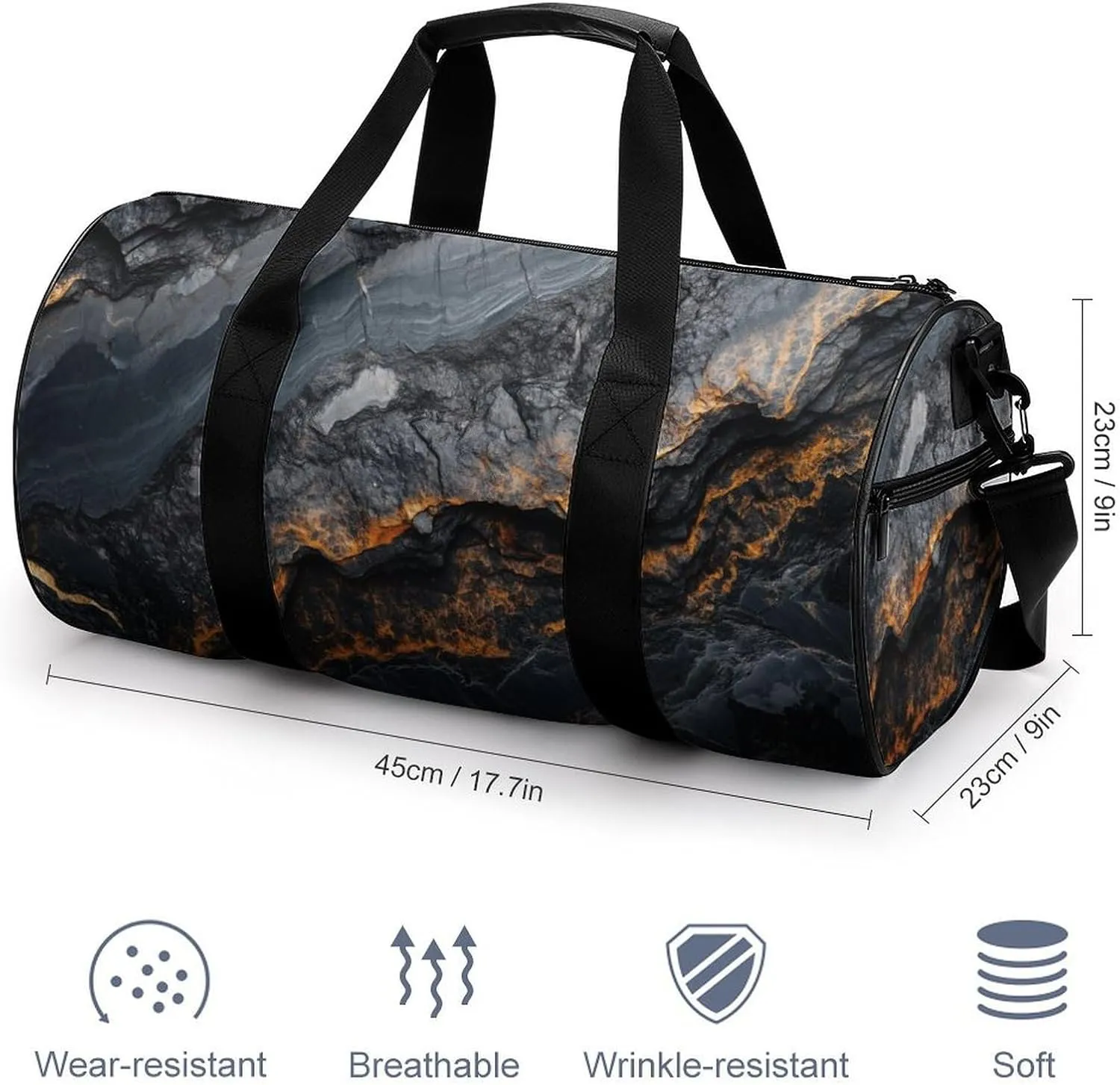 Black Marble Texture Travel Gym Bag for Women Men Cylindrical Duffle Bag Sport Workout Bag with Shoulder Strap