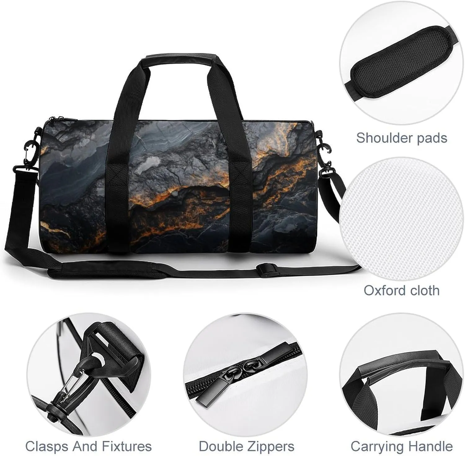 Black Marble Texture Travel Gym Bag for Women Men Cylindrical Duffle Bag Sport Workout Bag with Shoulder Strap