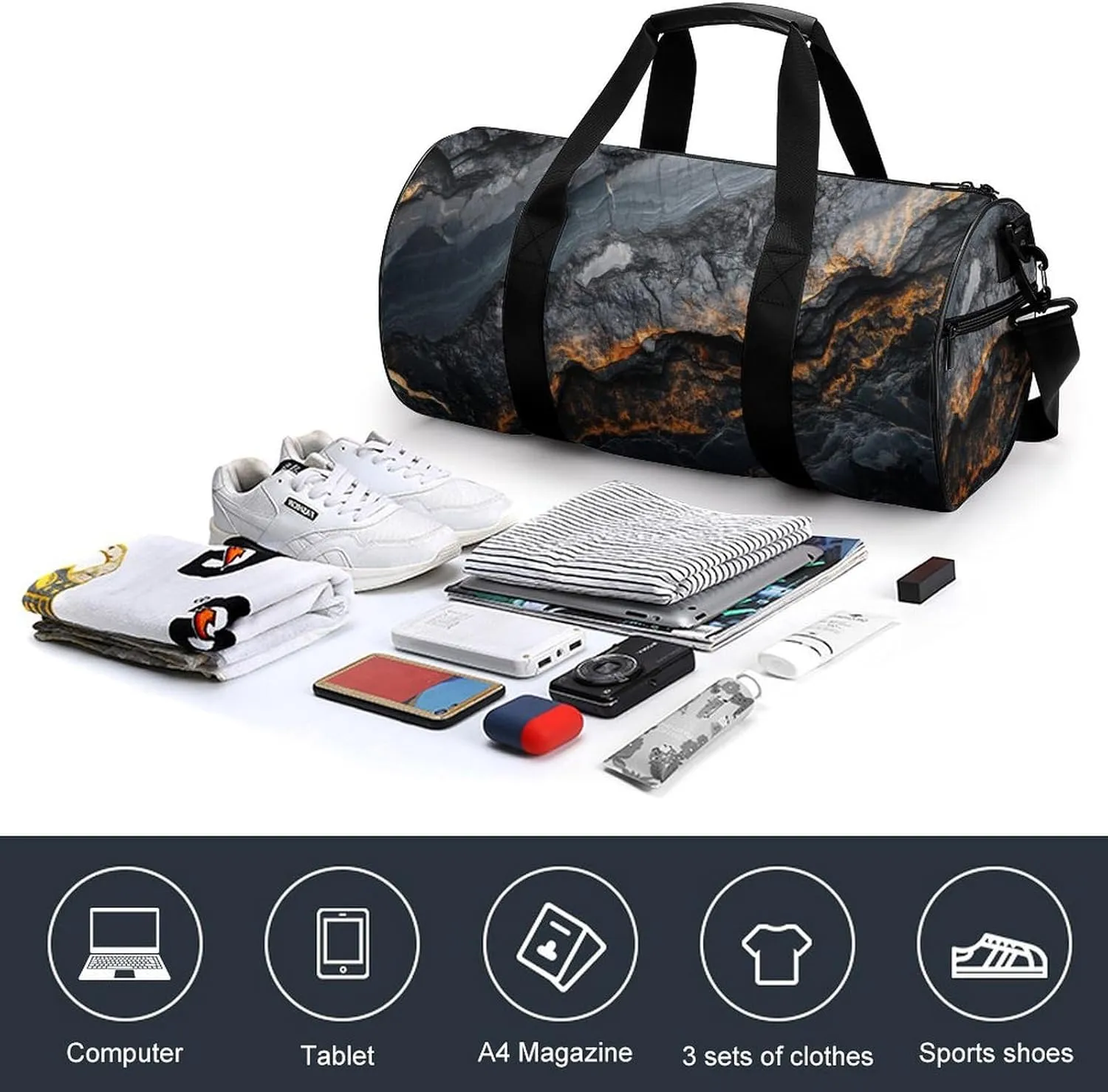 Black Marble Texture Travel Gym Bag for Women Men Cylindrical Duffle Bag Sport Workout Bag with Shoulder Strap