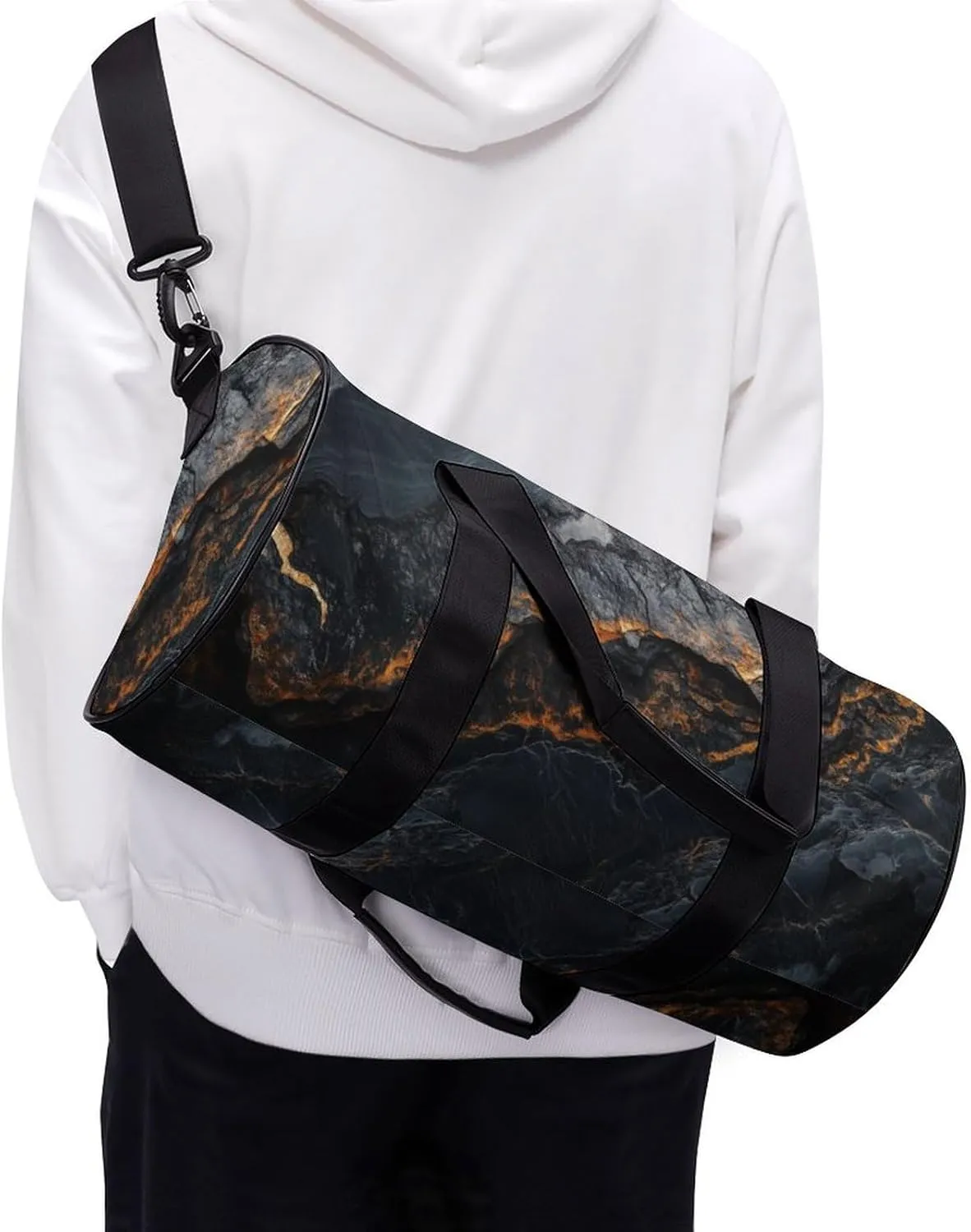 Black Marble Texture Travel Gym Bag for Women Men Cylindrical Duffle Bag Sport Workout Bag with Shoulder Strap