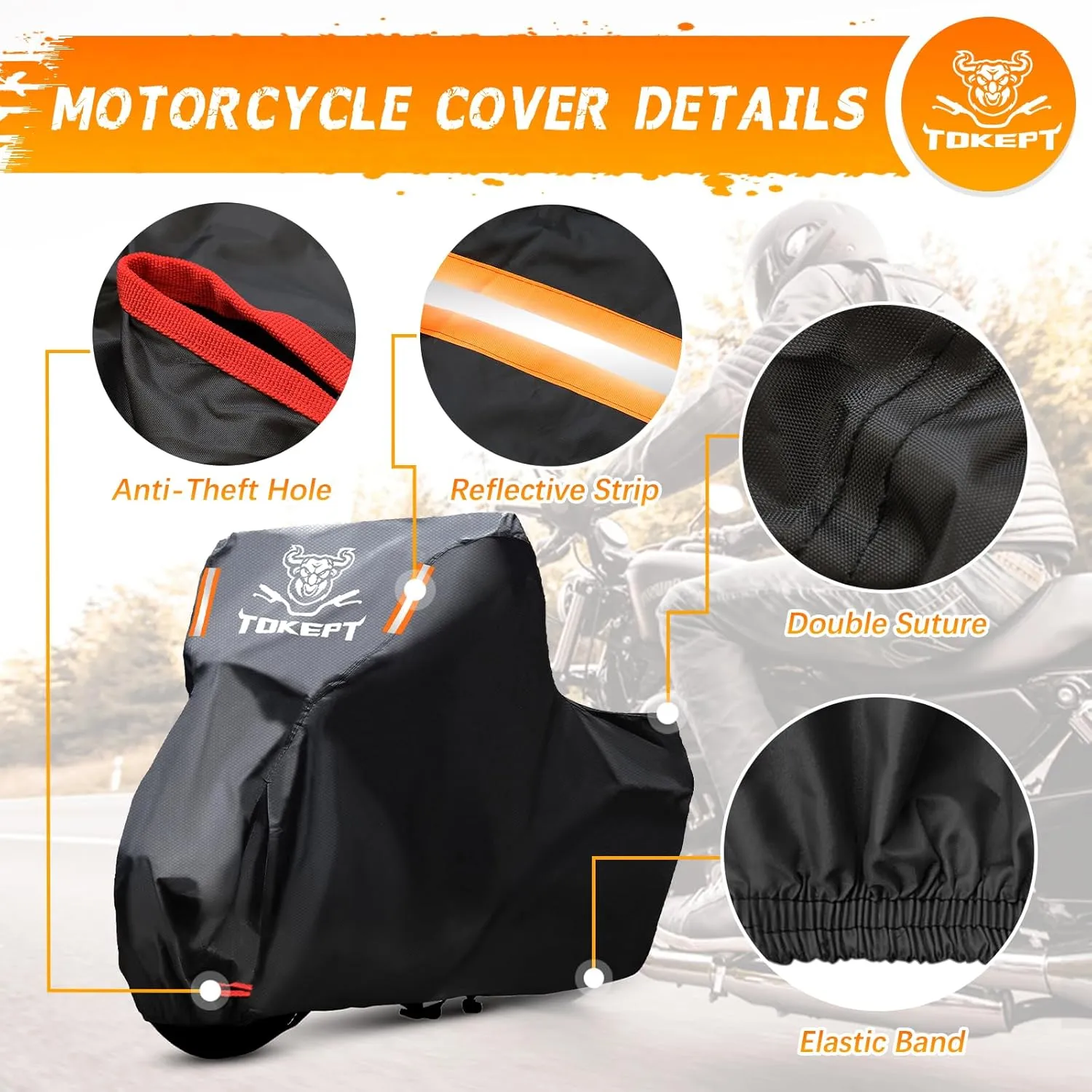 Black Motorcycle Cover, 210D Oxford Fabric All Weather Water Sun Protection, 104 inch Vehicle Cover for Harley Davidson Honda Suzuki Kawasaki Yamaha (XXL)