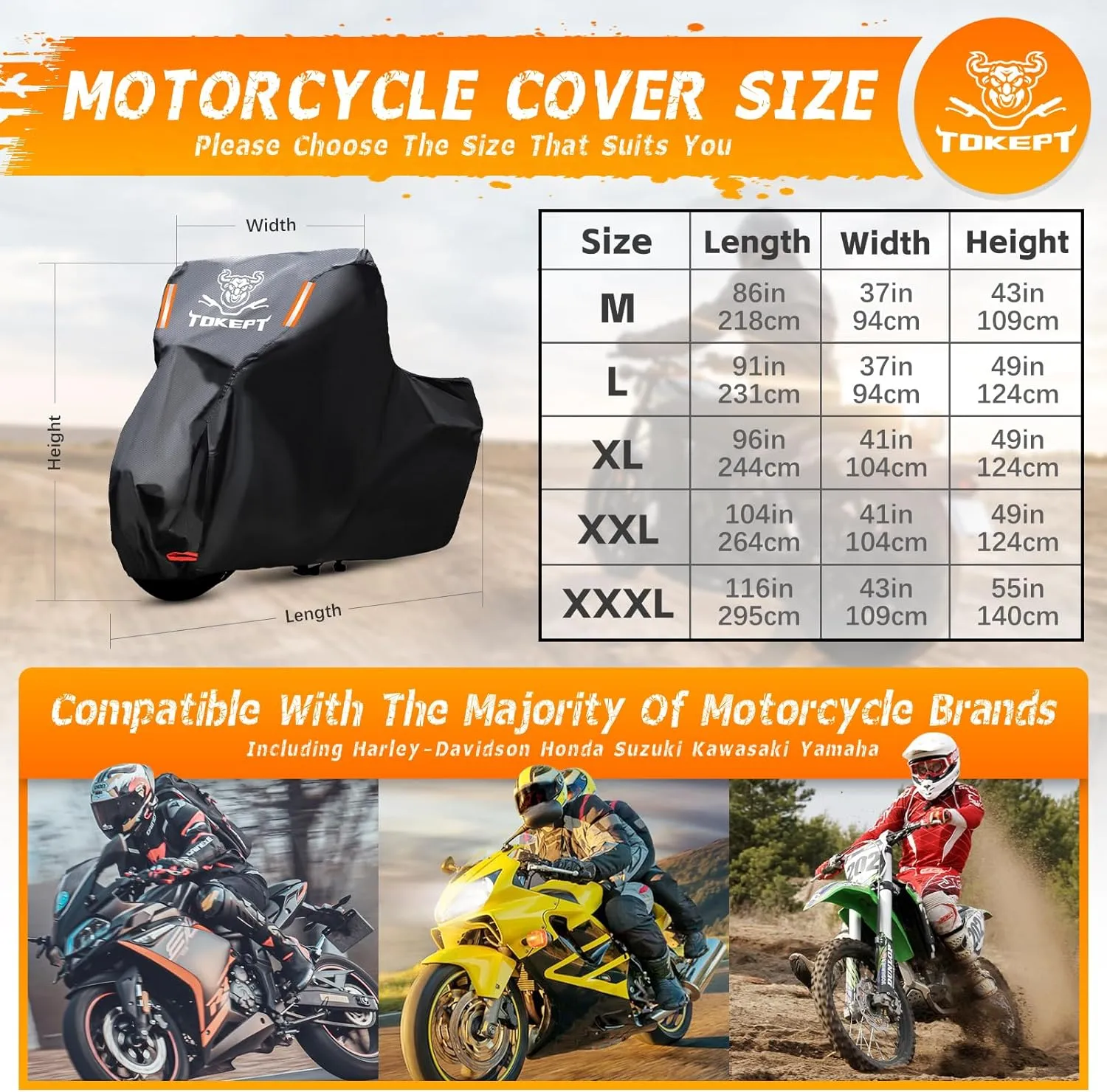 Black Motorcycle Cover, 210D Oxford Fabric All Weather Water Sun Protection, 104 inch Vehicle Cover for Harley Davidson Honda Suzuki Kawasaki Yamaha (XXL)