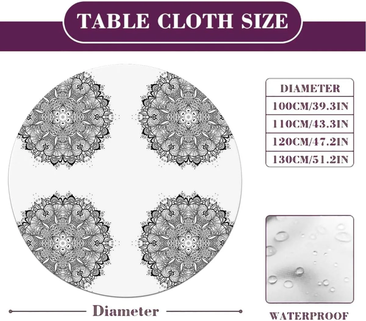 Black White Round Fitted Tablecloth with Elastic Edge Mandala Pattern Lace Elastic Edge Waterproof Table Cover Table Cloth for Round Table Fit for 36"-39" Diameter Table Round Floral