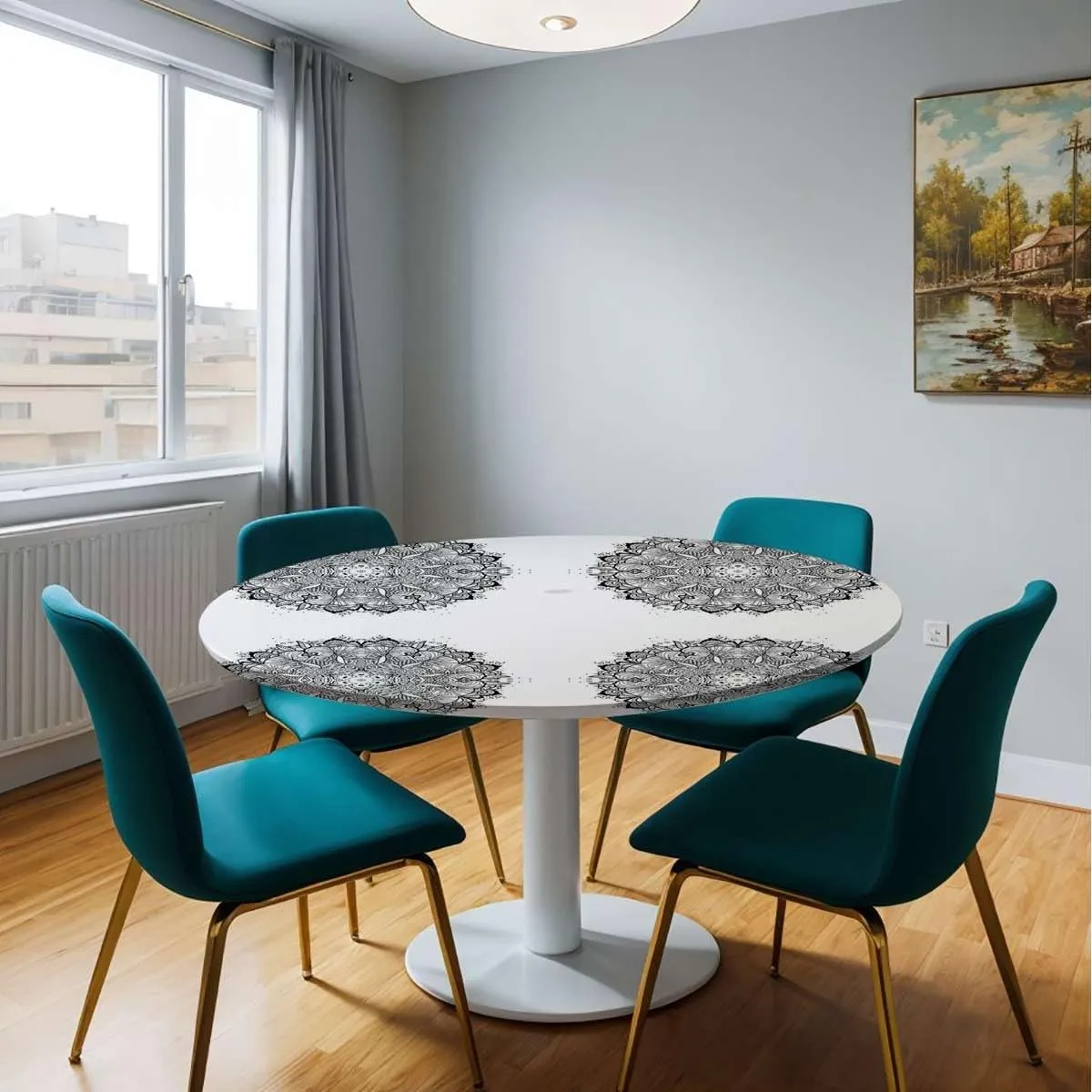 Black White Round Fitted Tablecloth with Elastic Edge Mandala Pattern Lace Elastic Edge Waterproof Table Cover Table Cloth for Round Table Fit for 36"-39" Diameter Table Round Floral