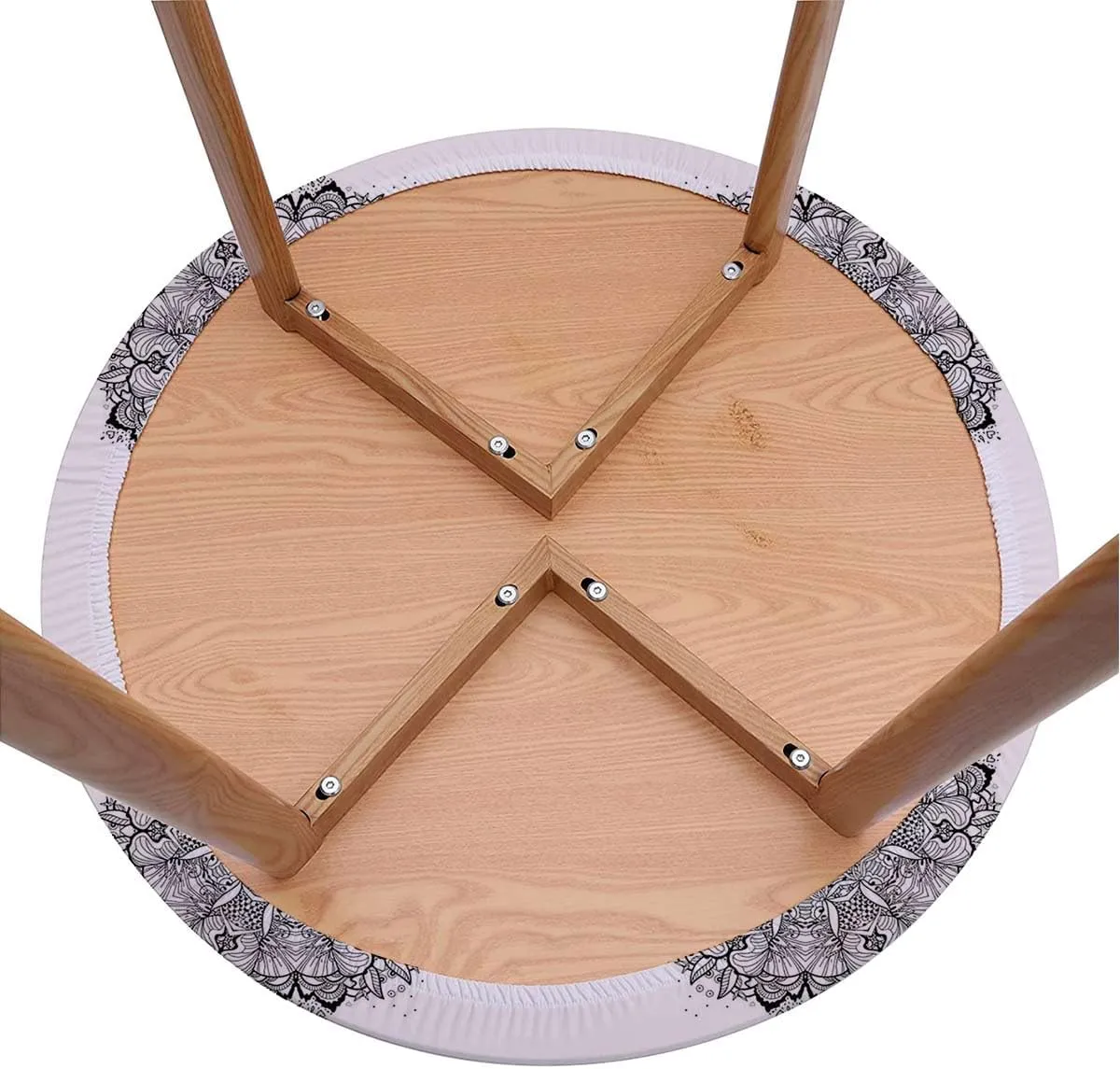 Black White Round Fitted Tablecloth with Elastic Edge Mandala Pattern Lace Elastic Edge Waterproof Table Cover Table Cloth for Round Table Fit for 36"-39" Diameter Table Round Floral