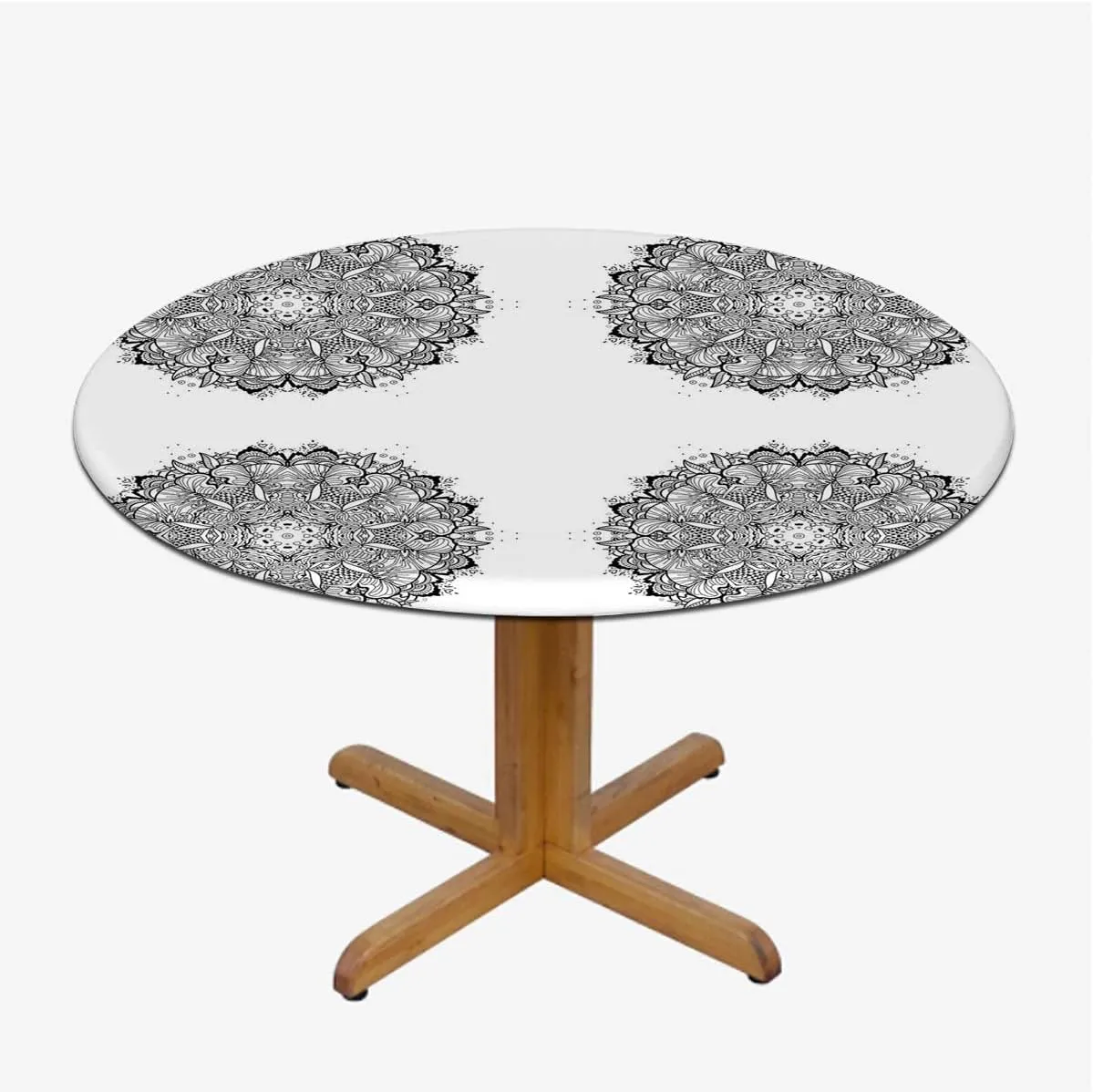 Black White Round Fitted Tablecloth with Elastic Edge Mandala Pattern Lace Elastic Edge Waterproof Table Cover Table Cloth for Round Table Fit for 36"-39" Diameter Table Round Floral