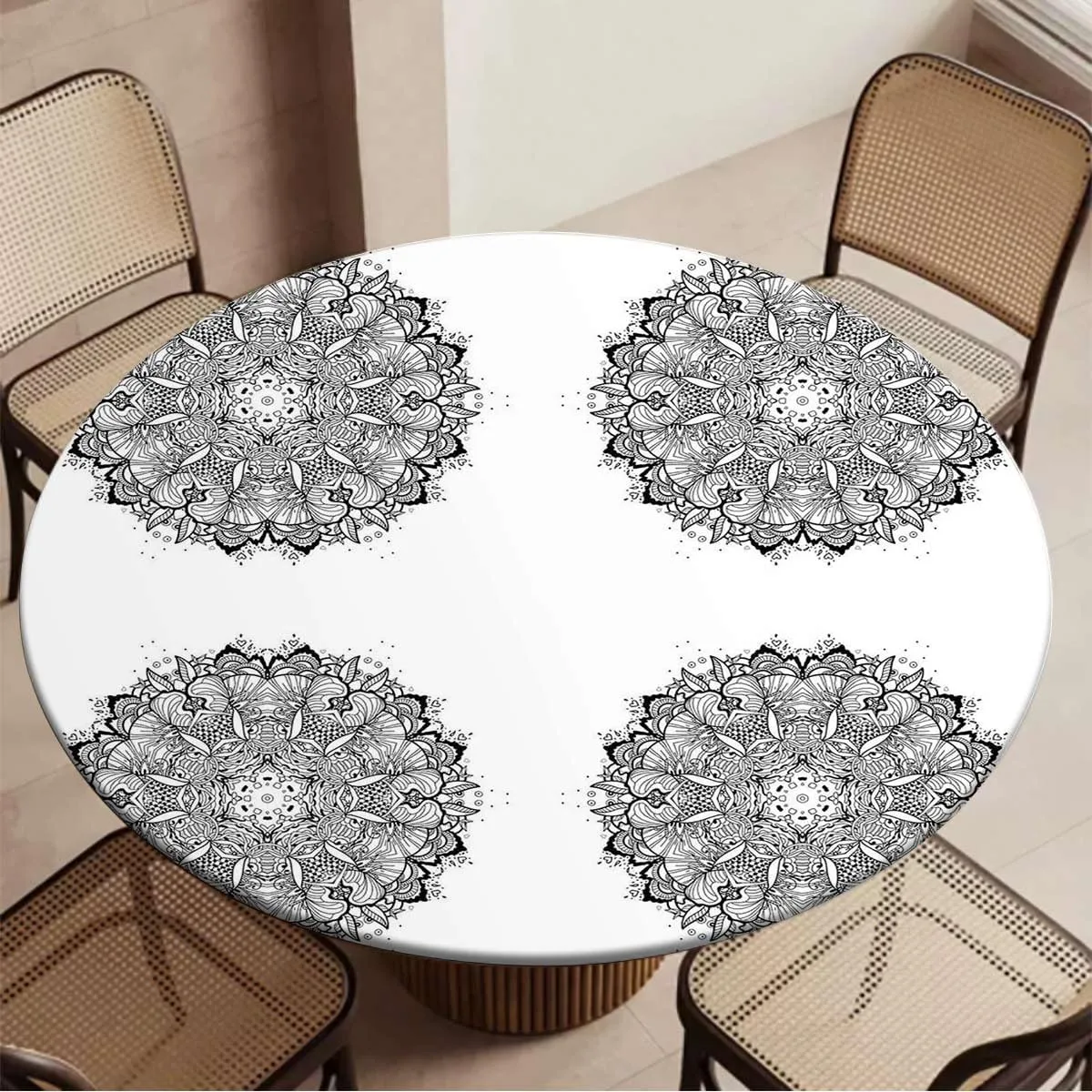 Black White Round Fitted Tablecloth with Elastic Edge Mandala Pattern Lace Elastic Edge Waterproof Table Cover Table Cloth for Round Table Fit for 36"-39" Diameter Table Round Floral