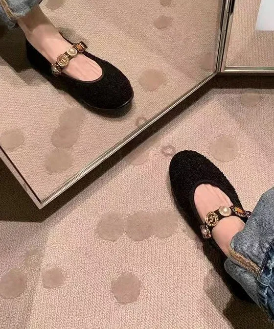 Black Women Woolen Splicing Flat Shoes Buckle Strap
