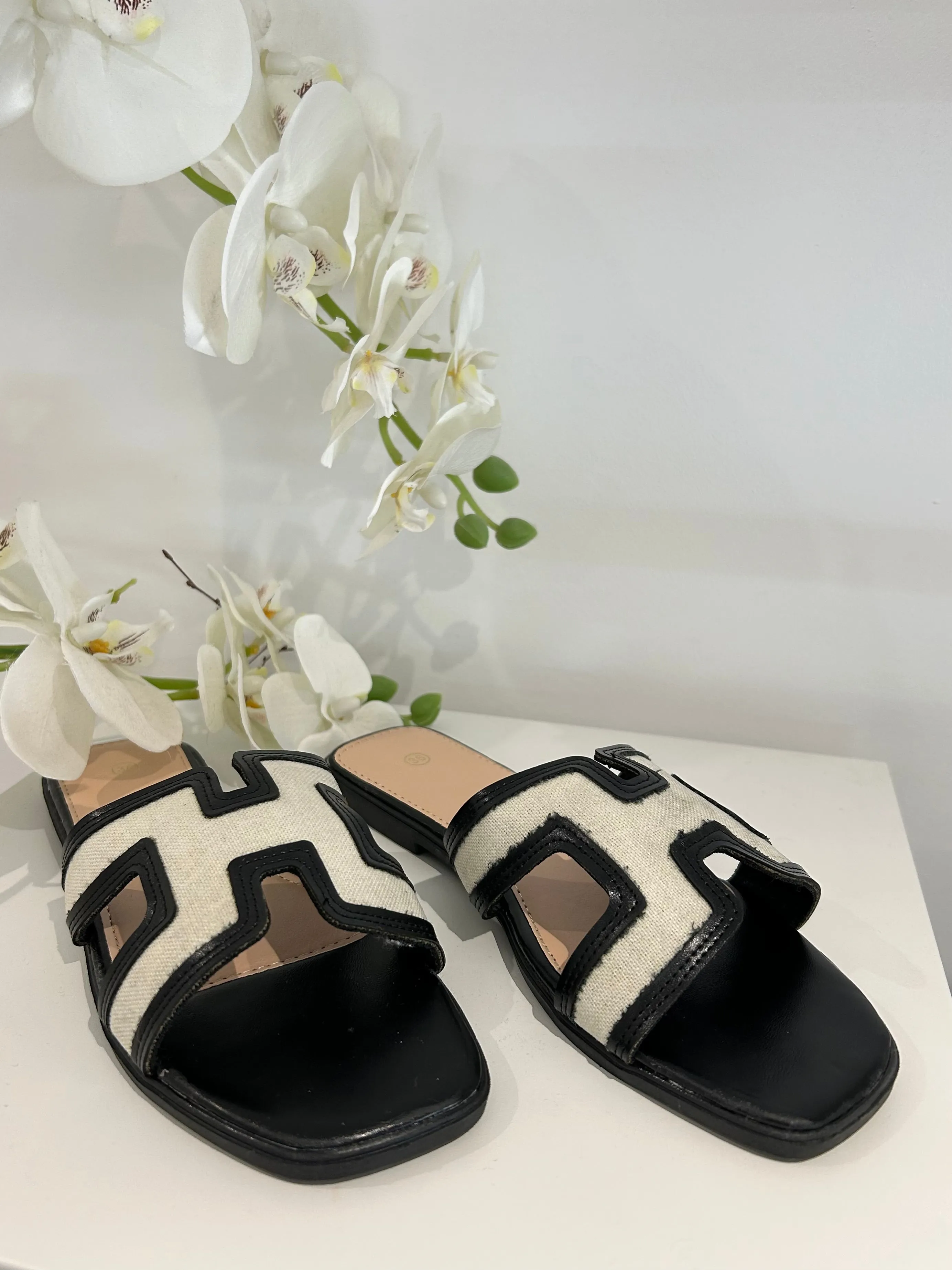 Block Canvas Faux Leather Trim Slider Style Sandal (2 Colours)