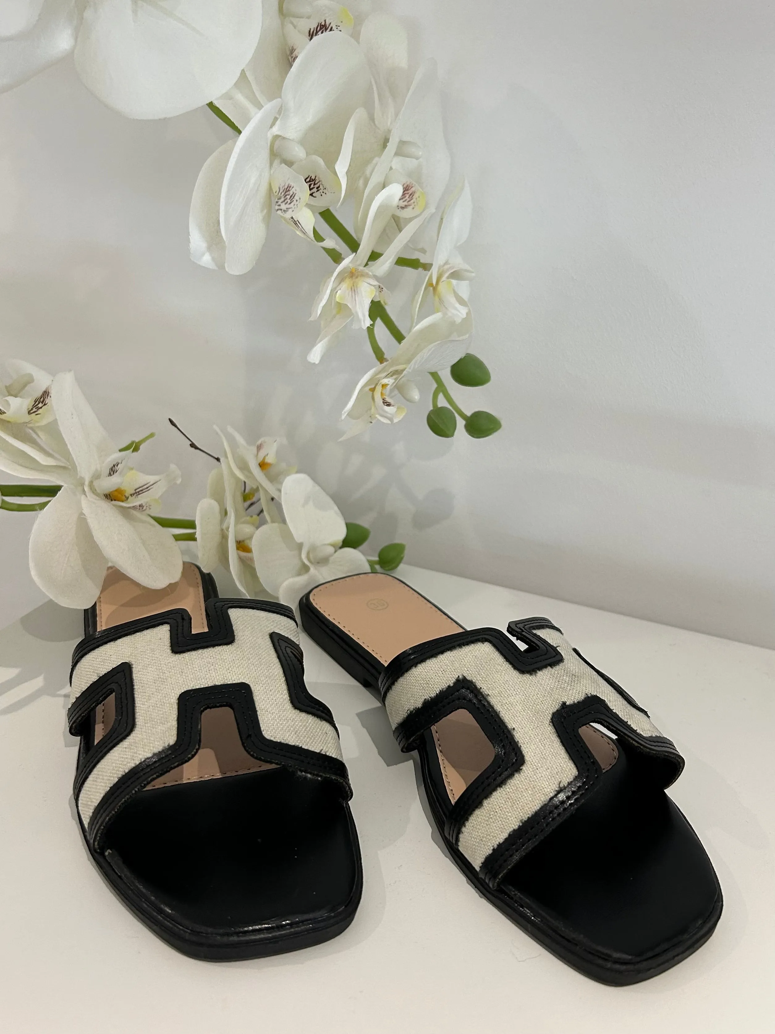 Block Canvas Faux Leather Trim Slider Style Sandal (2 Colours)