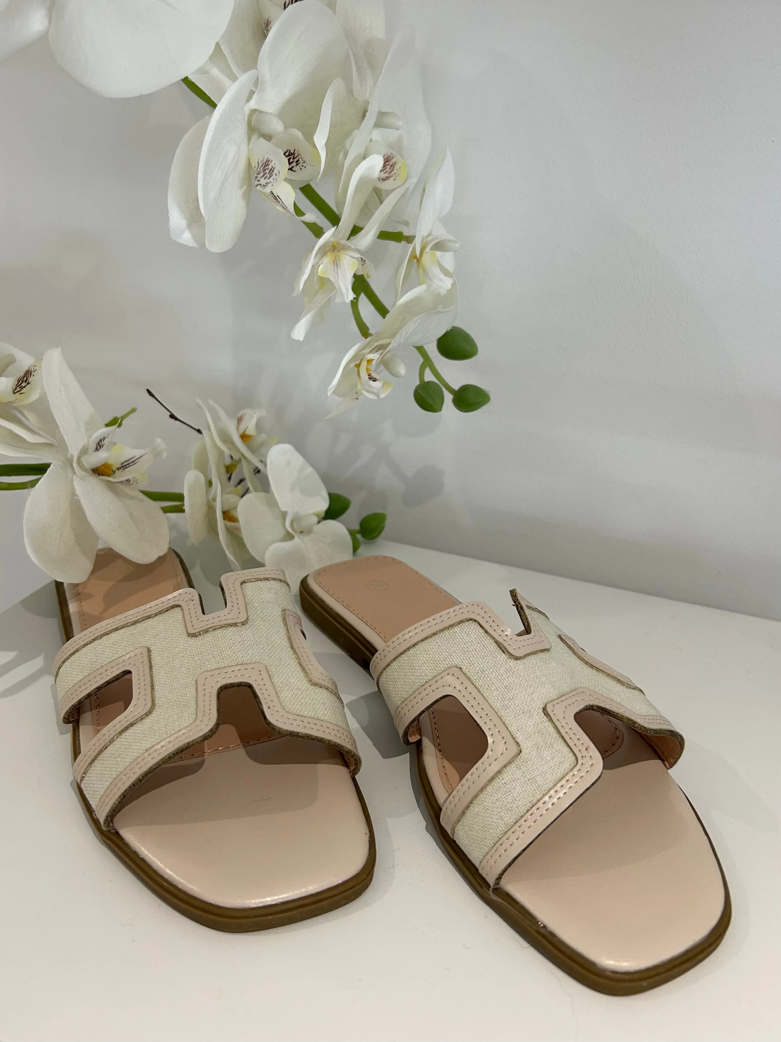 Block Canvas Faux Leather Trim Slider Style Sandal (2 Colours)