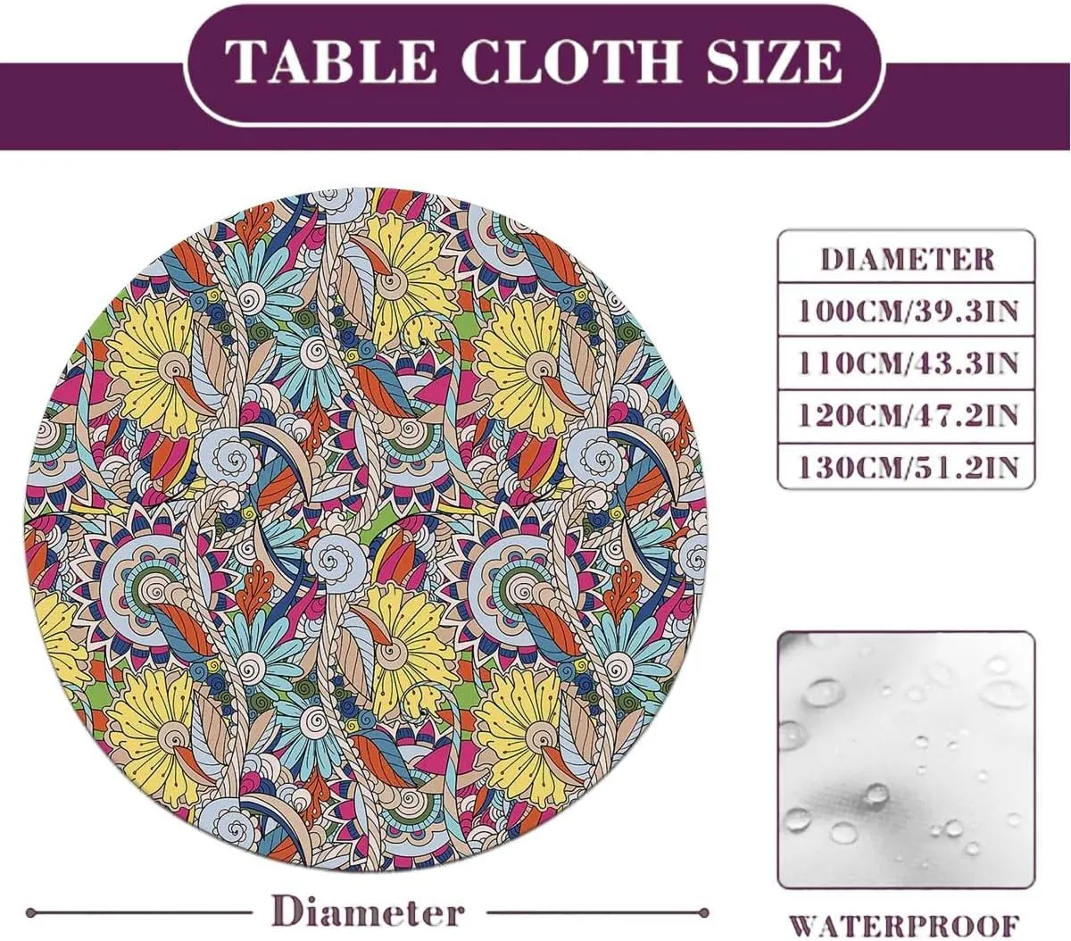Blue Brown Round Table Cloth with Elastic Edged Tree with Flower Forms on Paisley Image Round Tablecloth Tablecloths Elastic Fitted Indoor Outdoor Retro Fit for 44"-47" Table