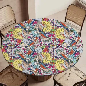 Blue Brown Round Table Cloth with Elastic Edged Tree with Flower Forms on Paisley Image Round Tablecloth Tablecloths Elastic Fitted Indoor Outdoor Retro Fit for 44"-47" Table