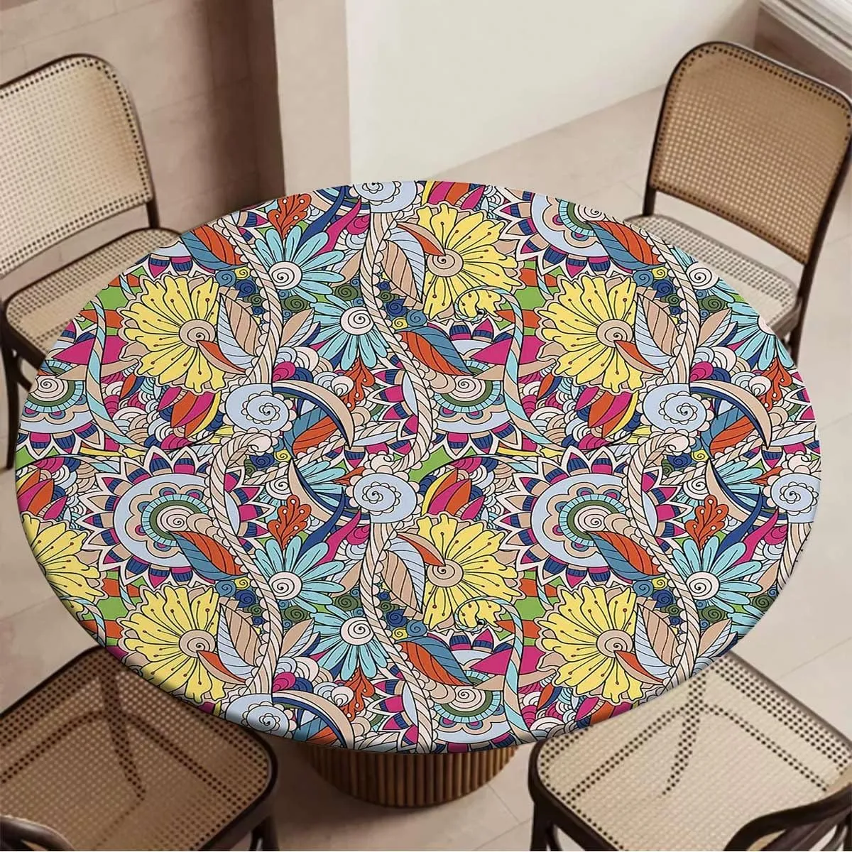 Blue Brown Round Table Cloth with Elastic Edged Tree with Flower Forms on Paisley Image Round Tablecloth Tablecloths Elastic Fitted Indoor Outdoor Retro Fit for 44"-47" Table