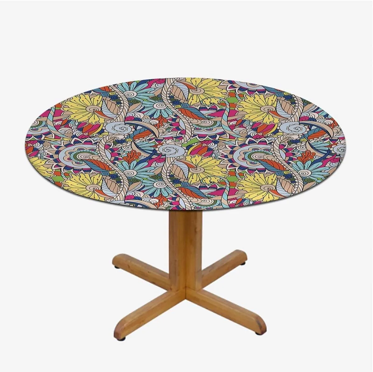 Blue Brown Round Table Cloth with Elastic Edged Tree with Flower Forms on Paisley Image Round Tablecloth Tablecloths Elastic Fitted Indoor Outdoor Retro Fit for 44"-47" Table