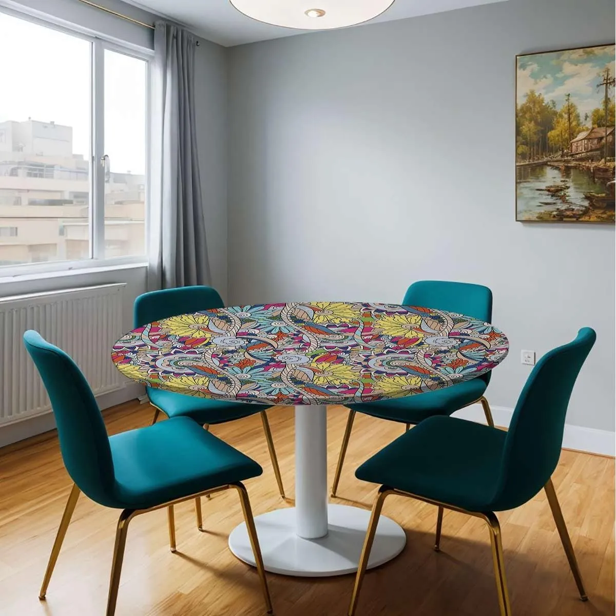 Blue Brown Round Table Cloth with Elastic Edged Tree with Flower Forms on Paisley Image Round Tablecloth Tablecloths Elastic Fitted Indoor Outdoor Retro Fit for 44"-47" Table