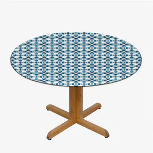 Blue Round Fitted Tablecloth Retro Arabesque Inspired Artwork Wooden Boards Oil Proof Waterproof Tablecloth for Picnic Party Traditional House Decor Fit for 44"-47" Table