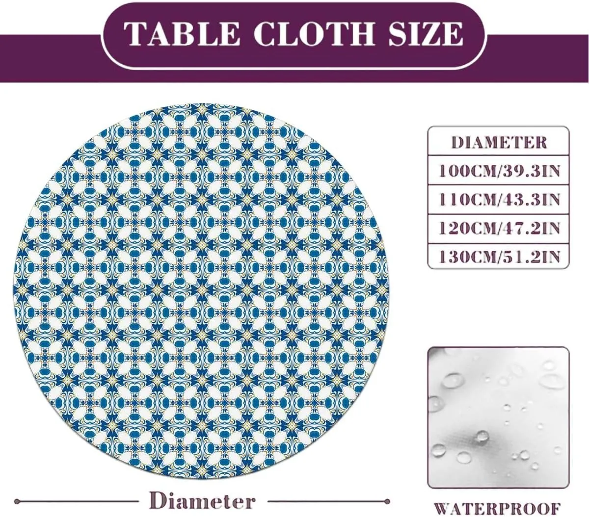 Blue Round Fitted Tablecloth Retro Arabesque Inspired Artwork Wooden Boards Oil Proof Waterproof Tablecloth for Picnic Party Traditional House Decor Fit for 44"-47" Table
