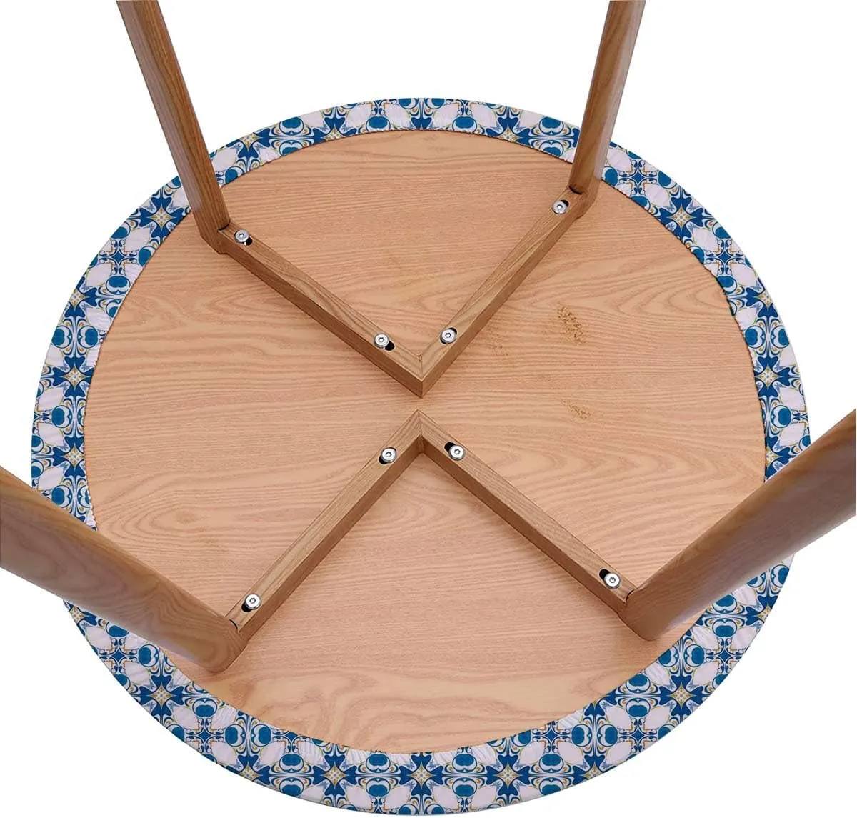 Blue Round Fitted Tablecloth Retro Arabesque Inspired Artwork Wooden Boards Oil Proof Waterproof Tablecloth for Picnic Party Traditional House Decor Fit for 44"-47" Table