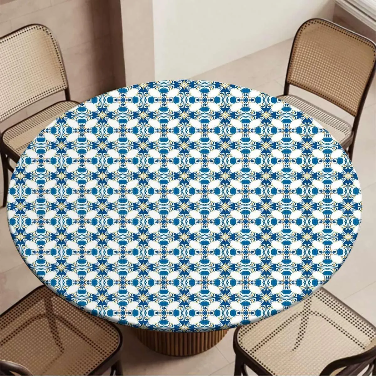 Blue Round Fitted Tablecloth Retro Arabesque Inspired Artwork Wooden Boards Oil Proof Waterproof Tablecloth for Picnic Party Traditional House Decor Fit for 44"-47" Table