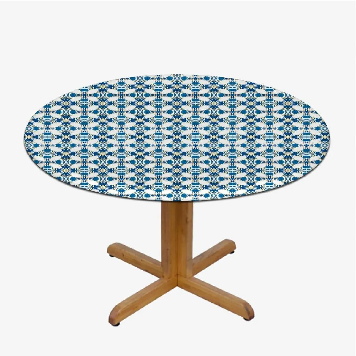 Blue Round Fitted Tablecloth Retro Arabesque Inspired Artwork Wooden Boards Oil Proof Waterproof Tablecloth for Picnic Party Traditional House Decor Fit for 44"-47" Table